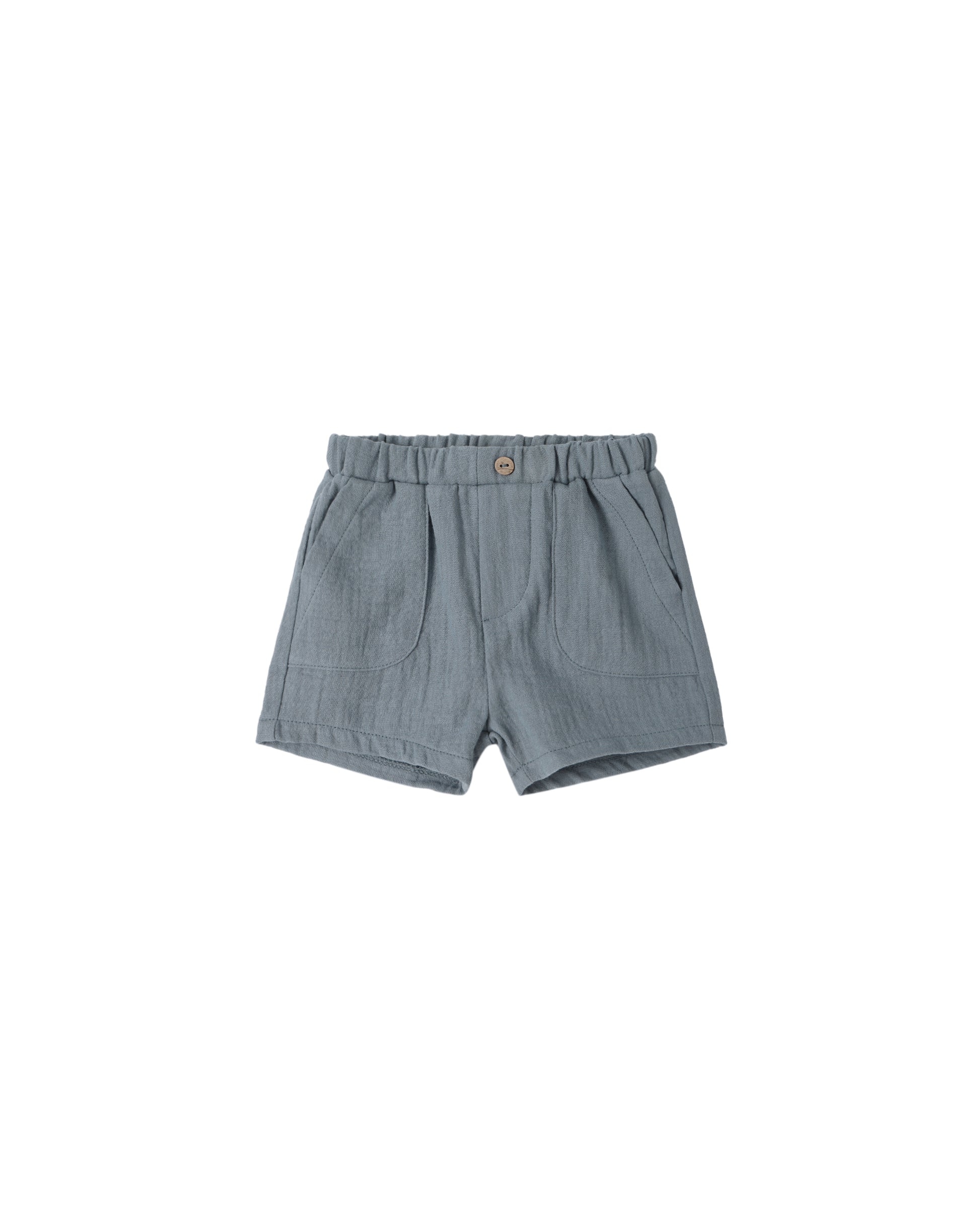 Quincy Mae Ocean Utility Shorts in soft blue fabric with a relaxed fit for comfortable everyday wear