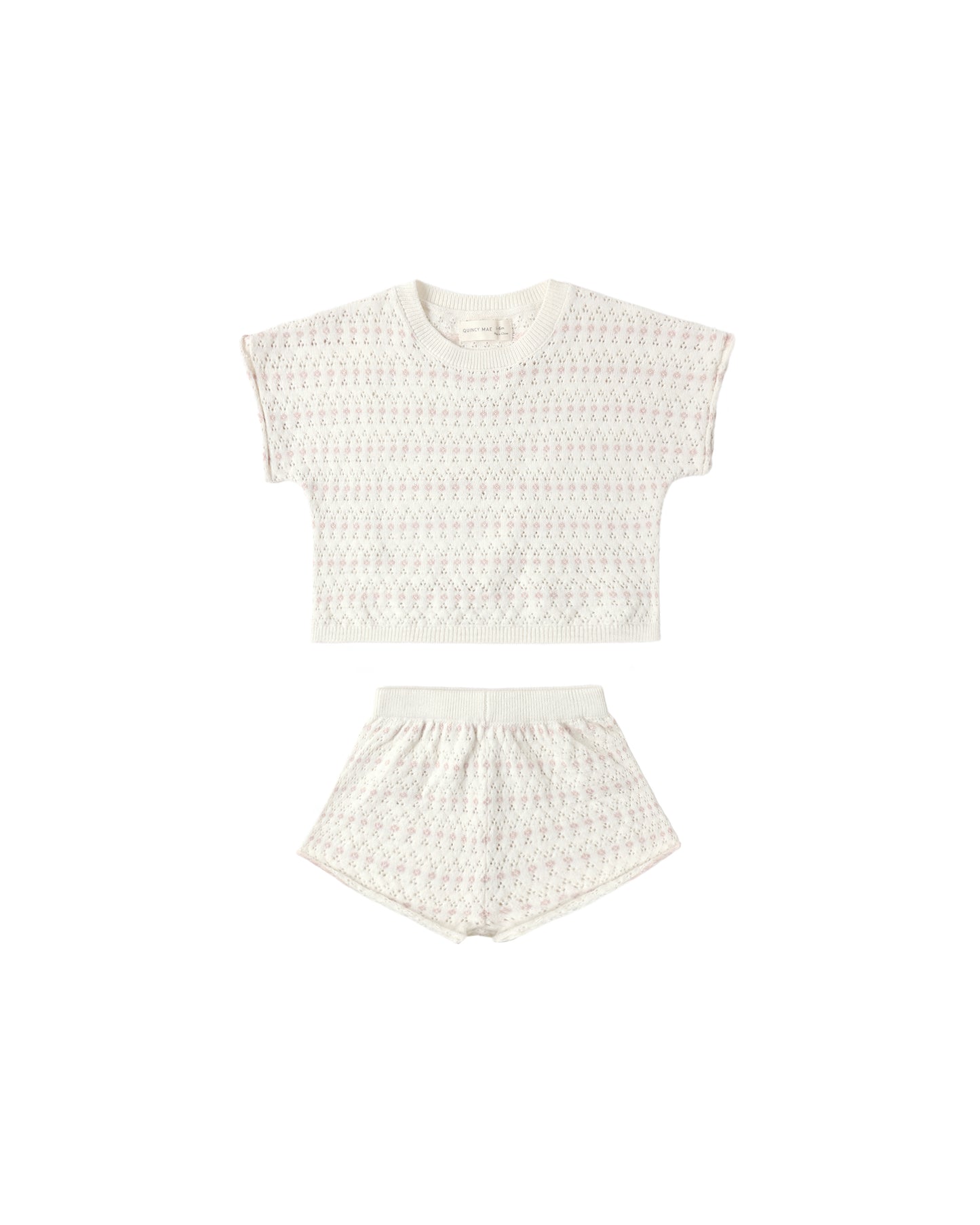 Ivory relaxed summer knit set by Quincy Mae featuring a comfortable, casual knit top and matching shorts for warm weather.