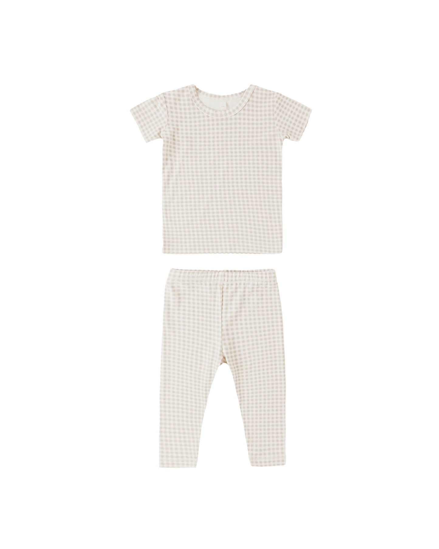 Quincy Mae oat gingham bamboo short sleeve pajama set for kids, featuring soft, lightweight fabric and a comfortable fit.