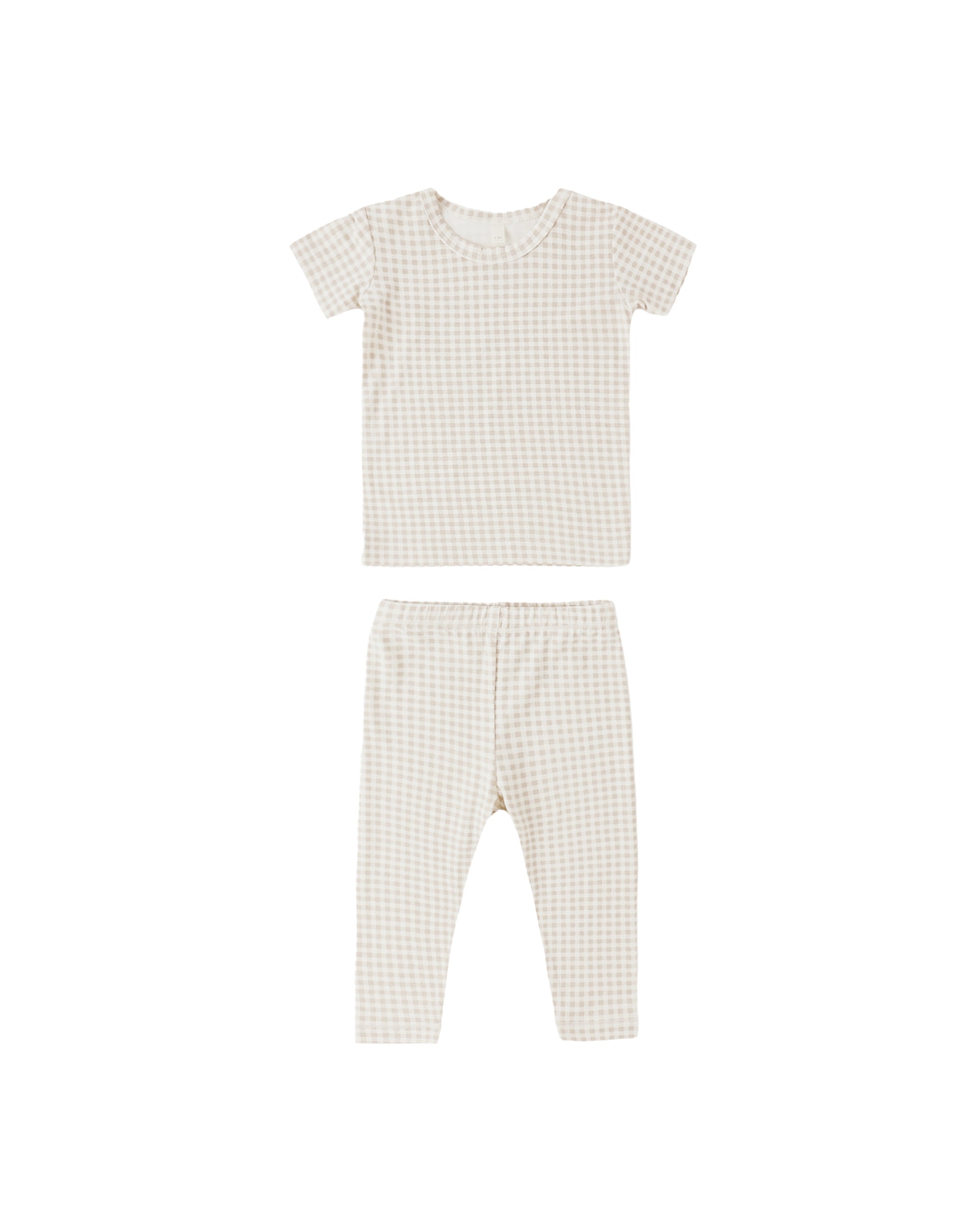 Quincy Mae oat gingham bamboo short sleeve pajama set for kids, featuring soft, lightweight fabric and a comfortable fit.