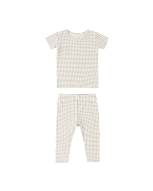 Quincy Mae oat gingham bamboo short sleeve pajama set for kids, featuring soft, lightweight fabric and a comfortable fit.