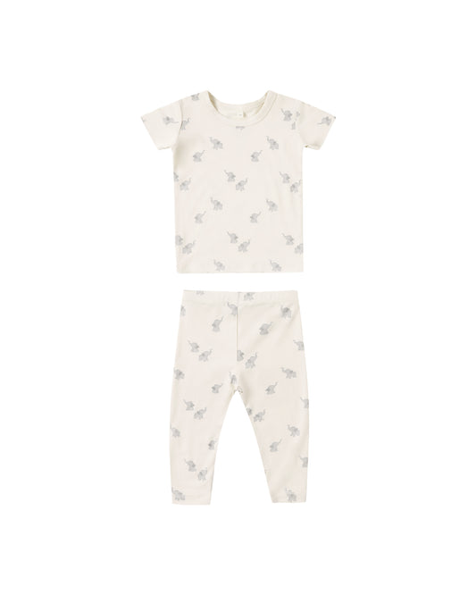 Natural bamboo short sleeve pajama set for kids featuring elephant print from Quincy Mae, soft and comfortable sleepwear.