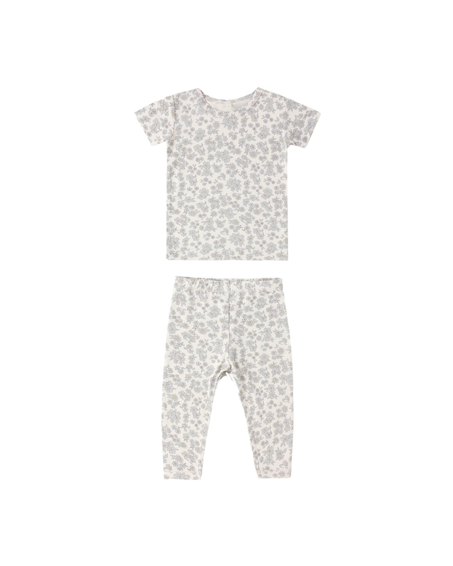 Blue floral bamboo short sleeve pajama set by Quincy Mae, featuring a cozy, lightweight design with a floral pattern.