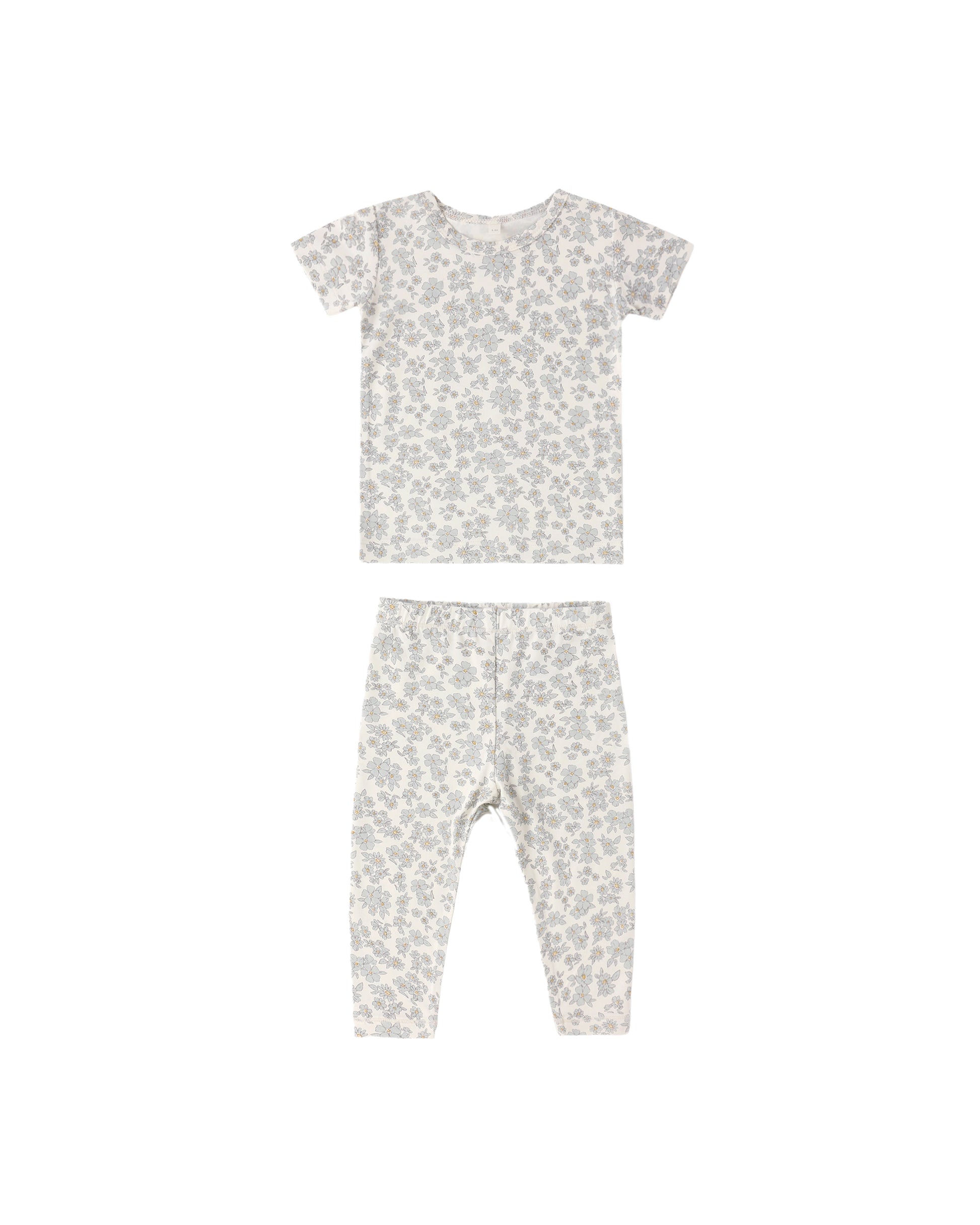 Blue floral bamboo short sleeve pajama set by Quincy Mae, featuring a cozy, lightweight design with a floral pattern.