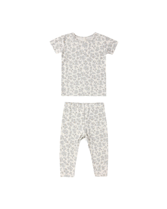 Blue floral bamboo short sleeve pajama set by Quincy Mae, featuring a cozy, lightweight design with a floral pattern.
