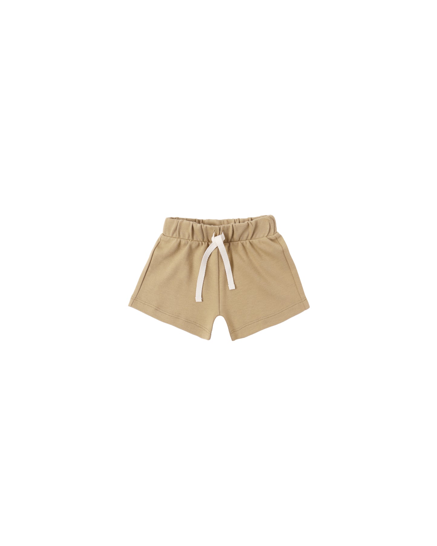 Quincy Mae Honey Play Short in soft honey color, with elastic waistband and relaxed fit, made from comfortable, breathable fabric.