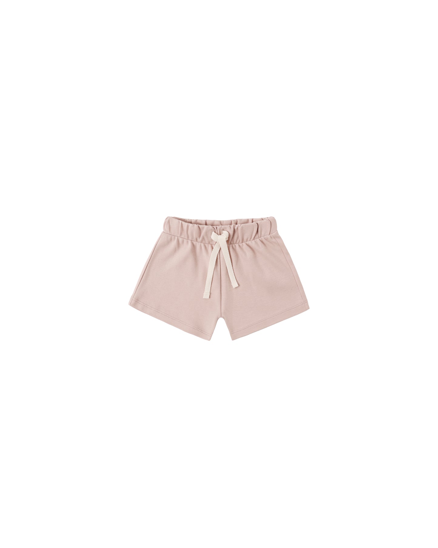 Quincy Mae Blush Play Shorts for kids, soft pink cotton shorts with elastic waistband, laid flat on a white background.