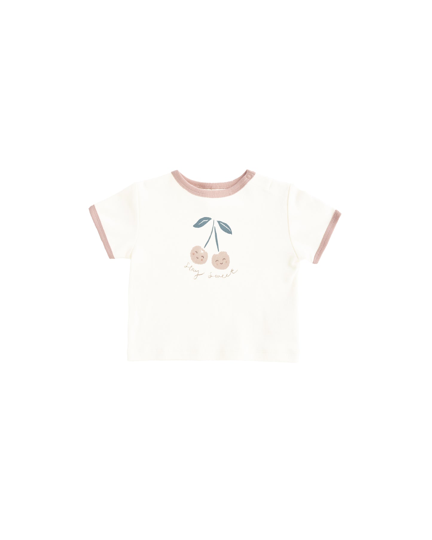 Ivory Cherry Ringer Tee by Quincy Mae, featuring a classic crewneck with cherry graphic and contrasting ringer collar and cuffs.
