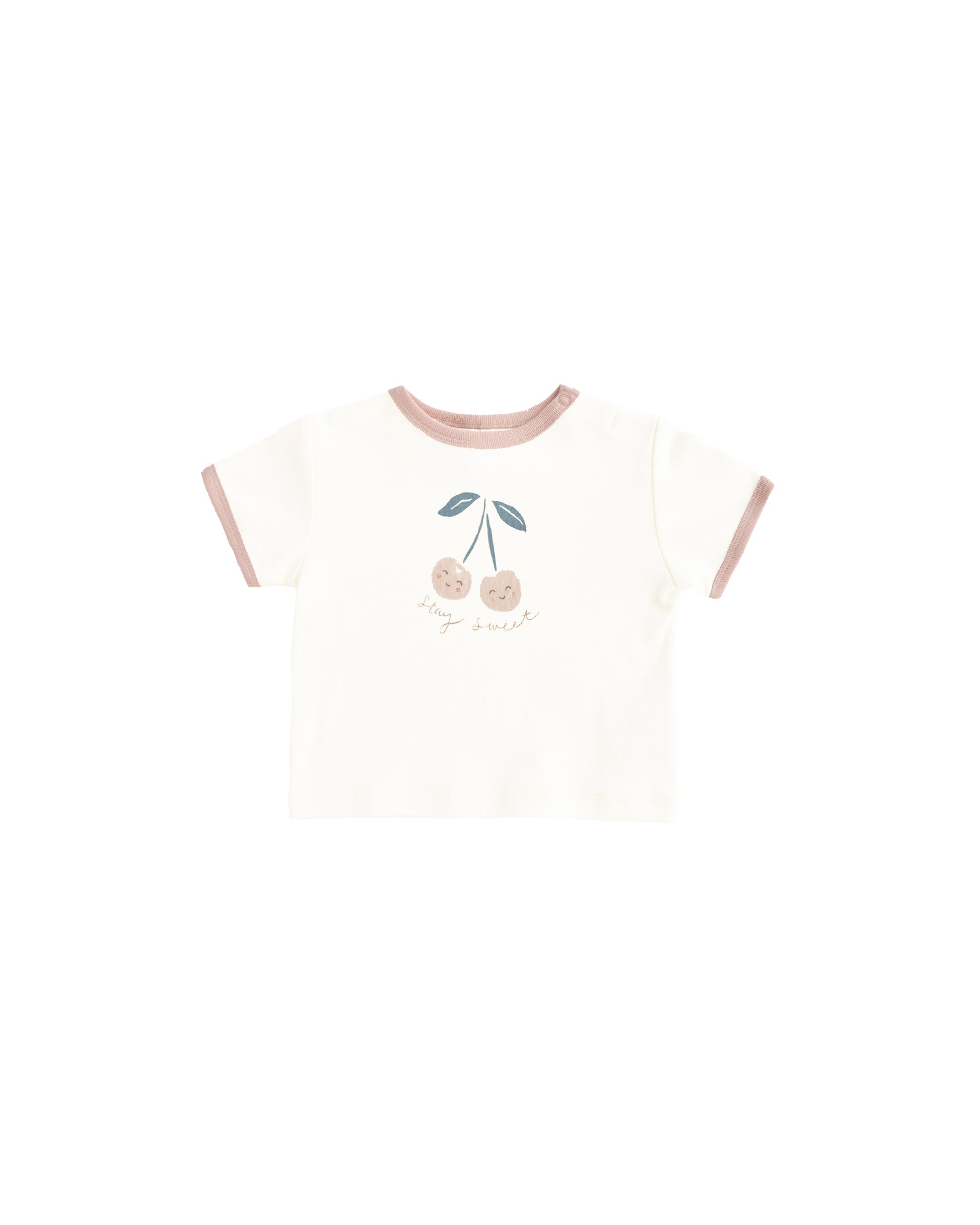 Ivory Cherry Ringer Tee by Quincy Mae, featuring a classic crewneck with cherry graphic and contrasting ringer collar and cuffs.