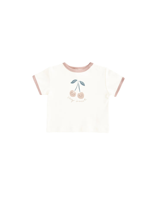 Ivory Cherry Ringer Tee by Quincy Mae, featuring a classic crewneck with cherry graphic and contrasting ringer collar and cuffs.