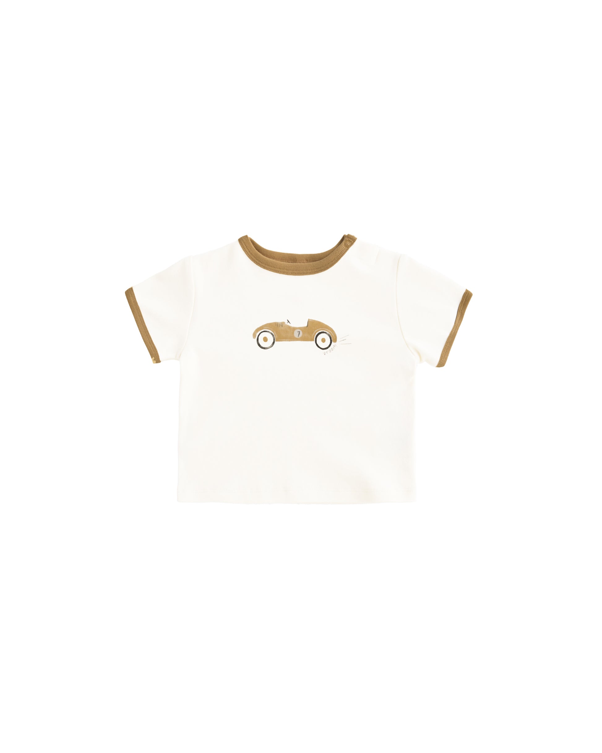 Ivory race car ringer tee by Quincy Mae featuring a colorful race car graphic on the front. Comfortable, casual kids' t-shirt.