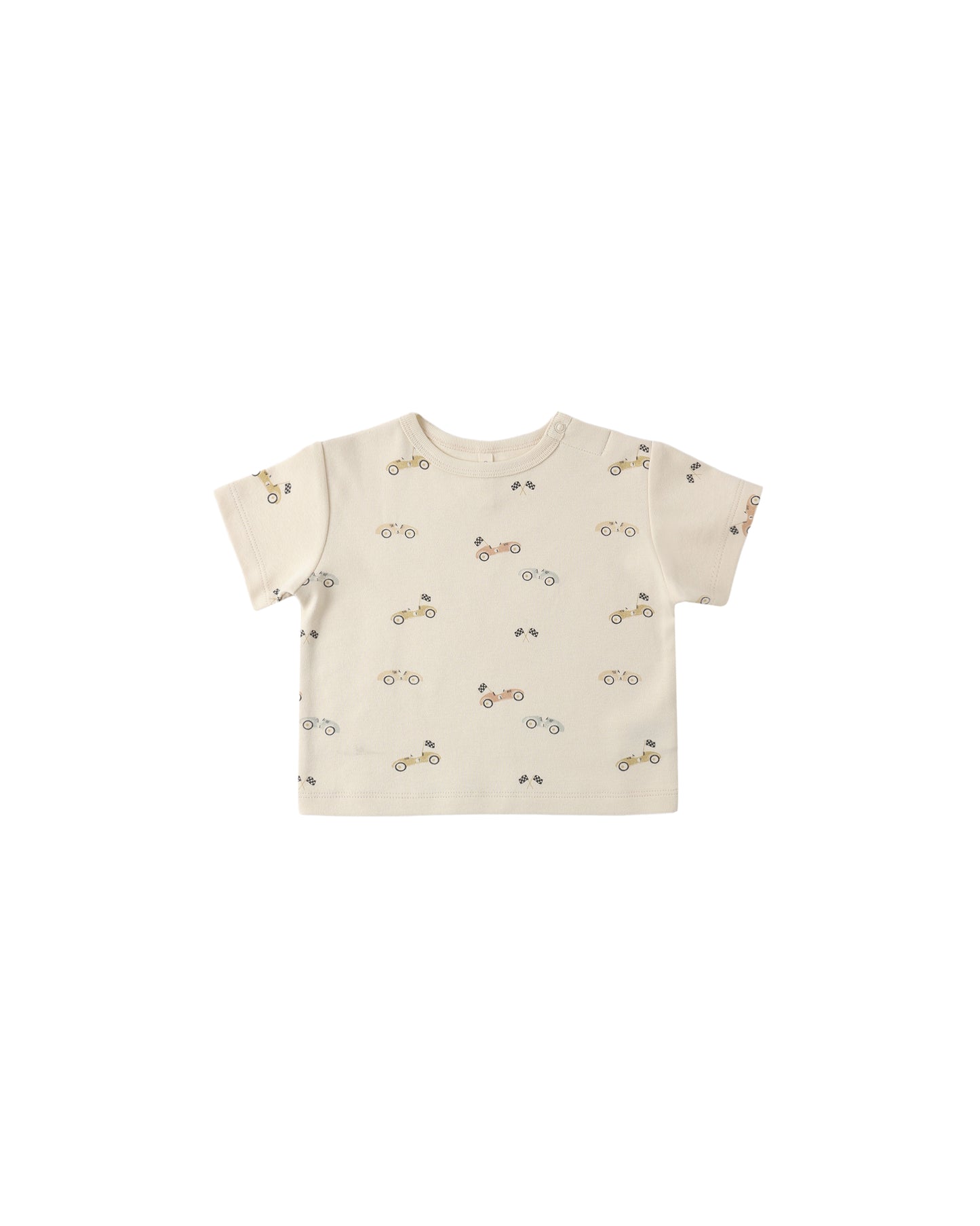 Natural-colored Race Car Boxy Tee by Quincy Mae, featuring a playful race car graphic on soft cotton fabric.