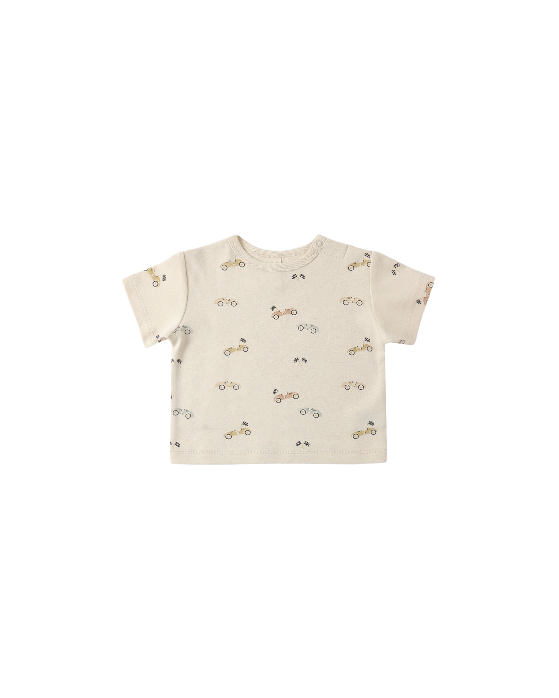 Natural-colored Race Car Boxy Tee by Quincy Mae, featuring a playful race car graphic on soft cotton fabric.
