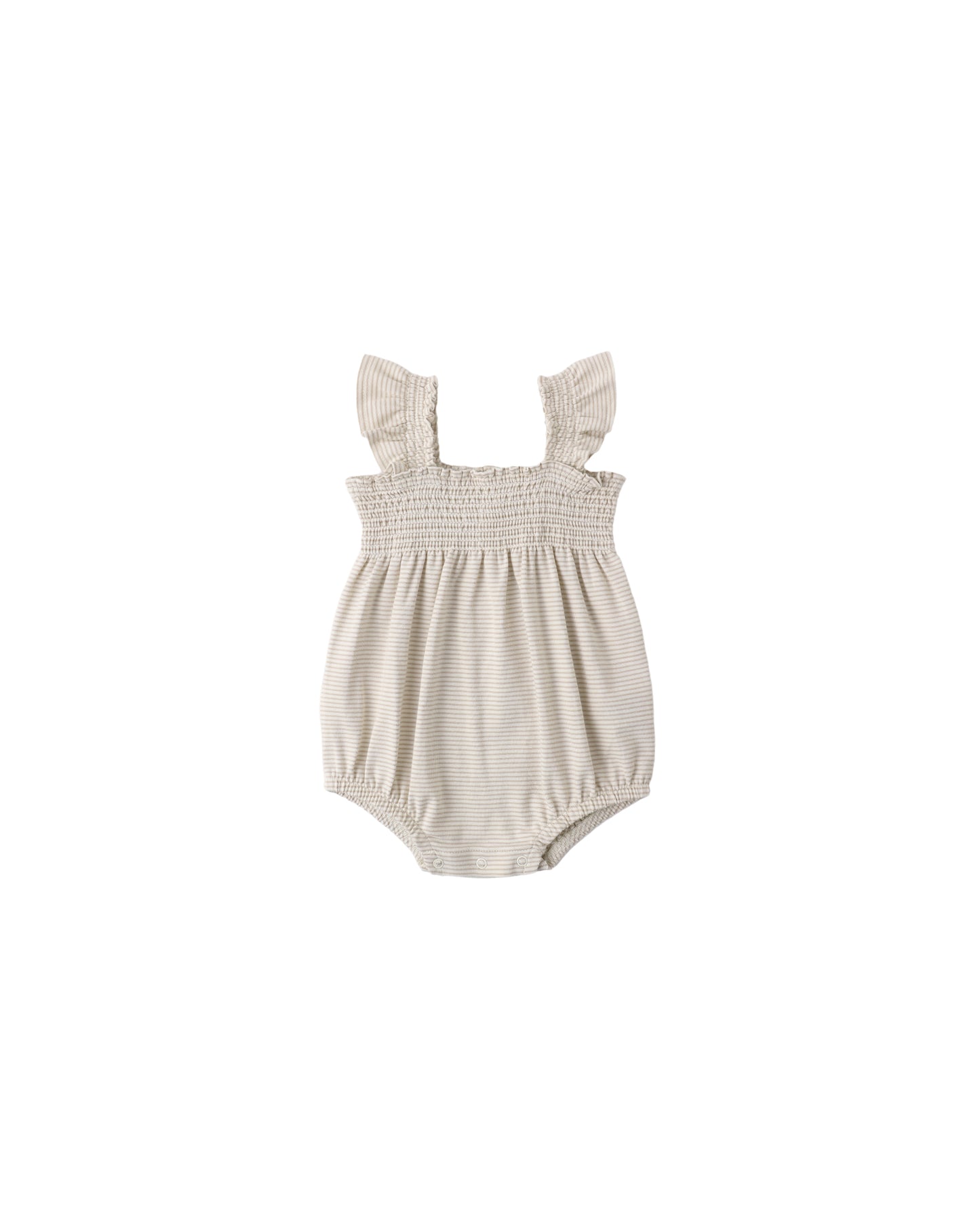 Oat-colored Quincy Mae micro stripe smocked ruffle sleeve romper for baby girls, showing ruffled sleeves and comfortable fit.
