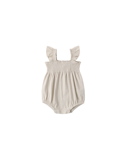 Oat-colored Quincy Mae micro stripe smocked ruffle sleeve romper for baby girls, showing ruffled sleeves and comfortable fit.