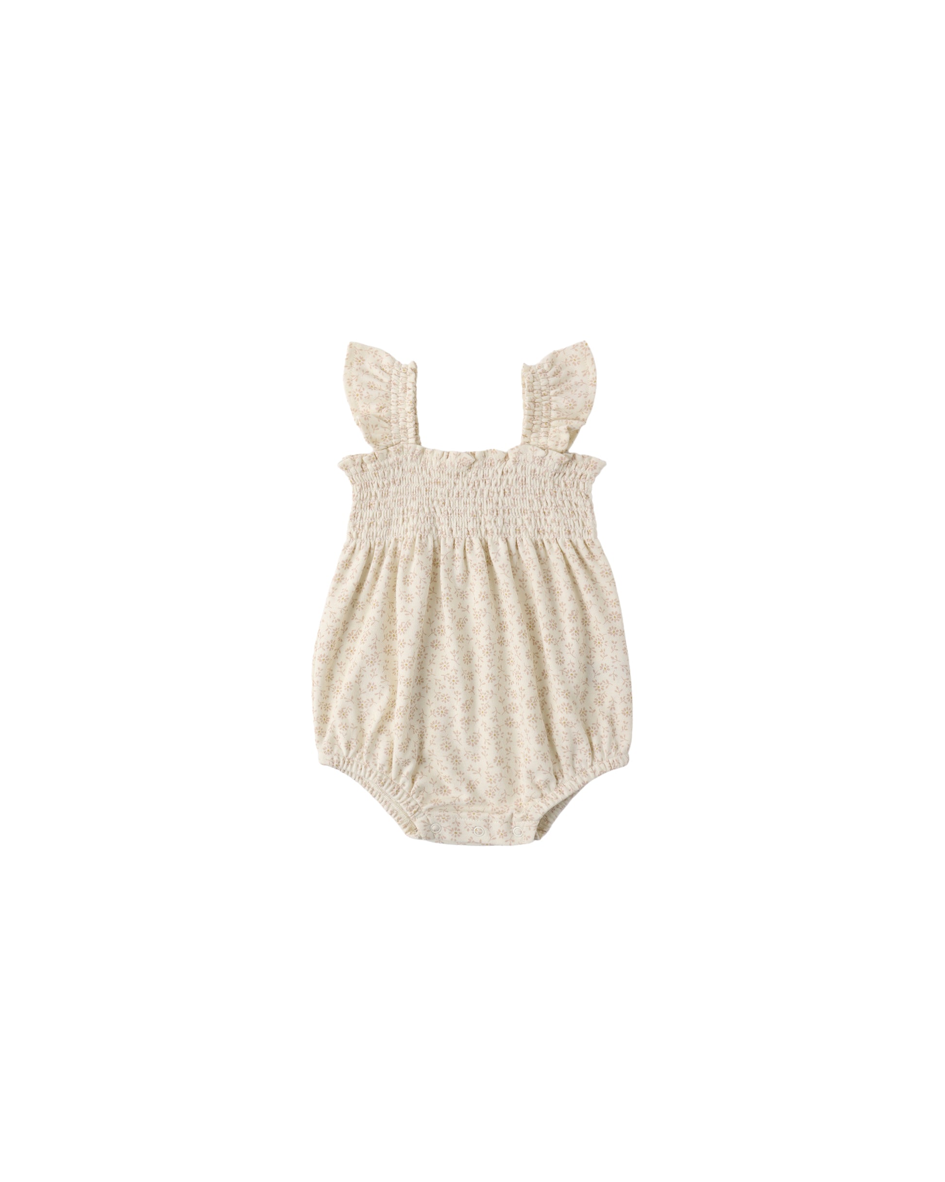 Ivory ditsy smocked ruffle sleeve romper by Quincy Mae, featuring a lightweight, playful design for babies or toddlers.