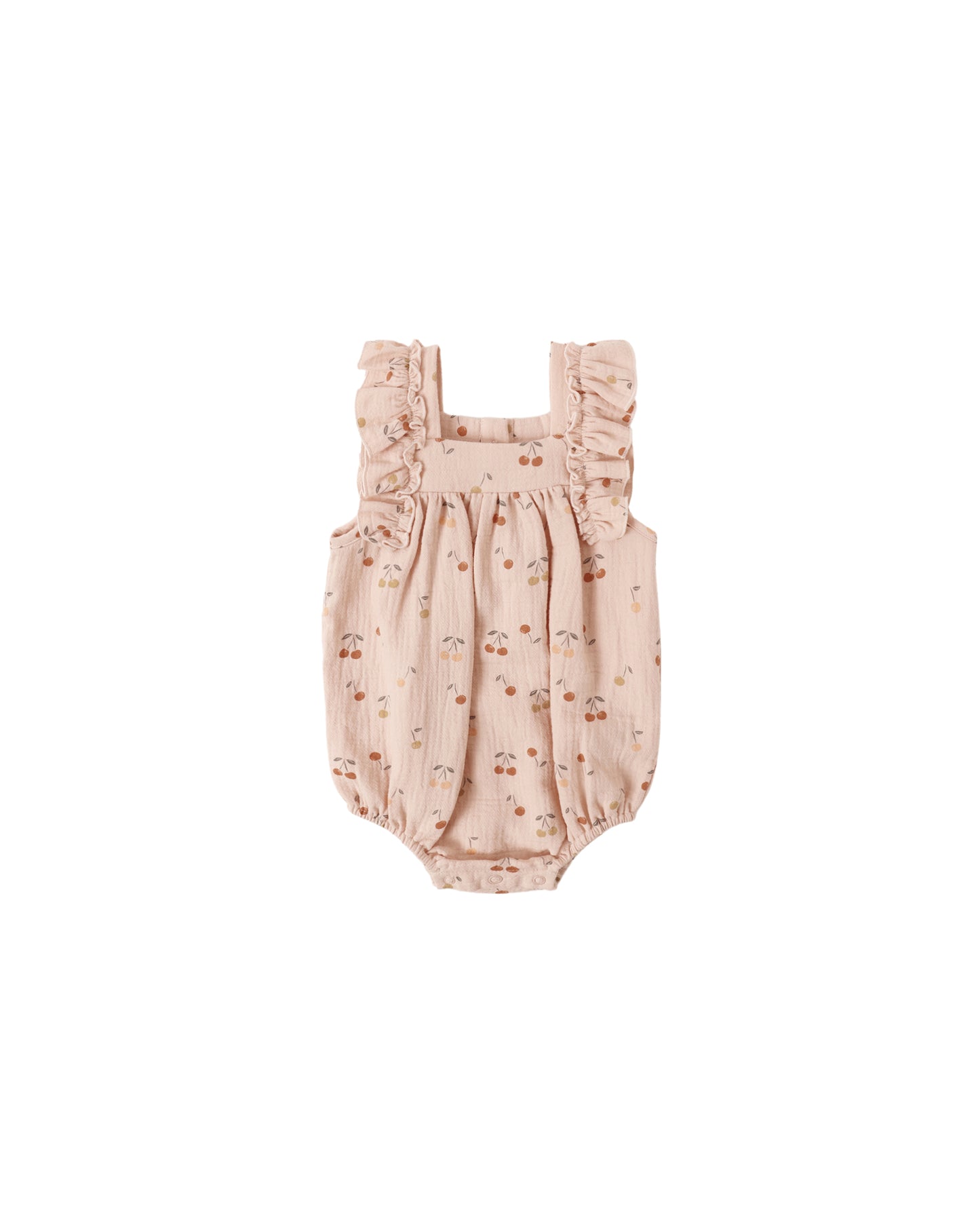Quincy Mae Cherries Maya Romper in blush fabric, featuring a cute cherry print and adjustable straps for baby's comfortable outfit.