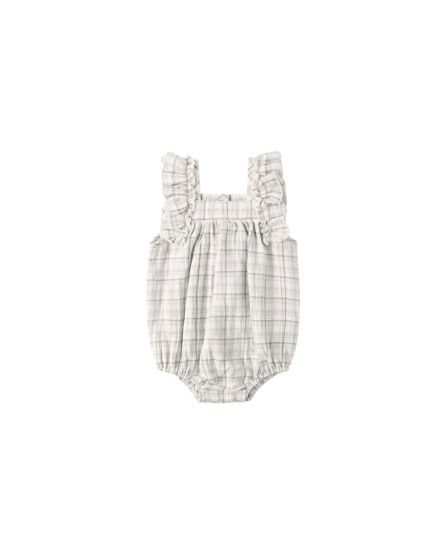 Blue plaid Maya romper by Quincy Mae with short sleeves and button details, displayed on a hanger.