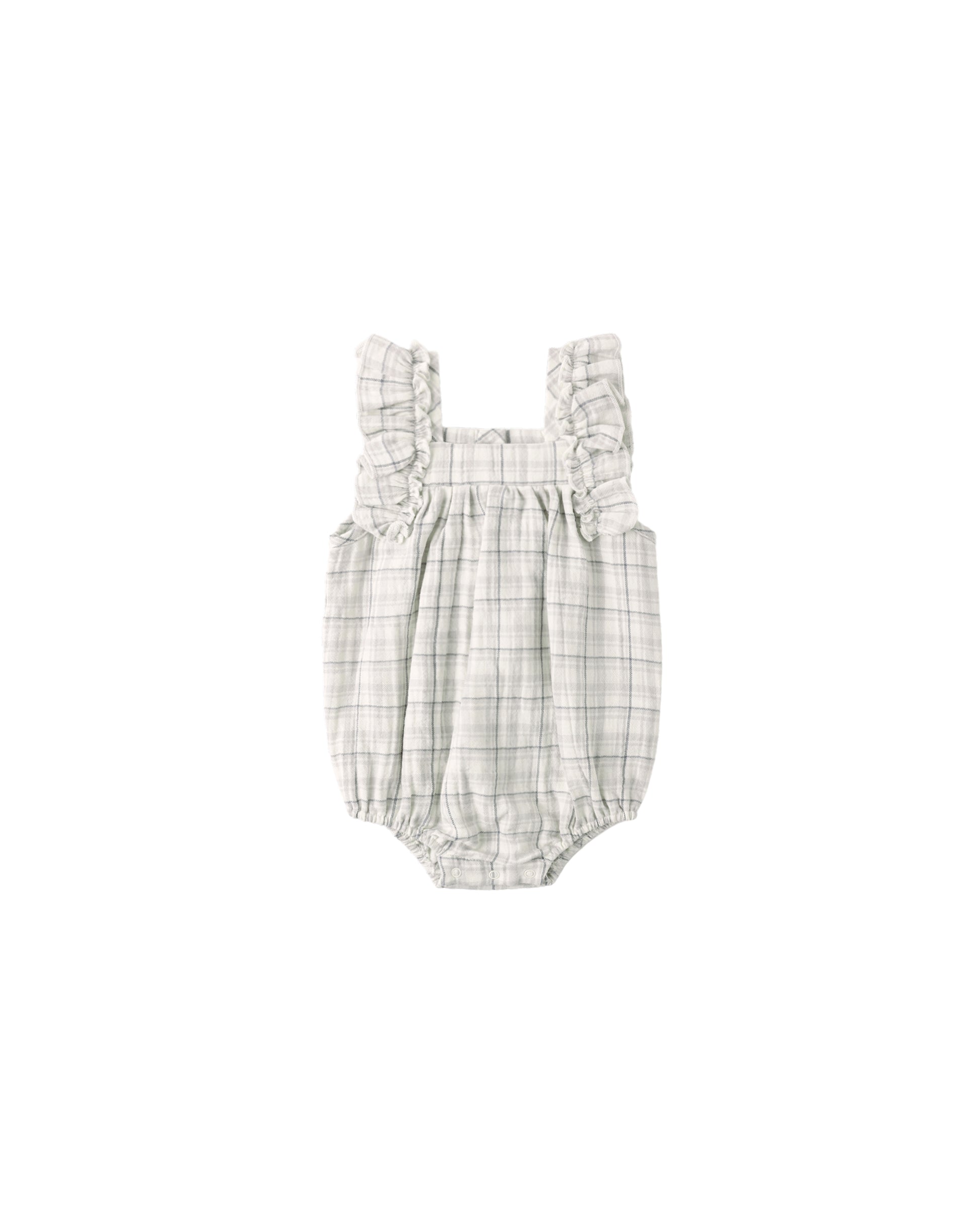 Blue plaid Maya romper by Quincy Mae with short sleeves and button details, displayed on a hanger.