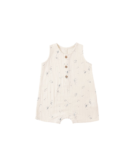 Natural space jack romper for babies by Quincy Mae, featuring soft fabric and playful design, in a neutral color.