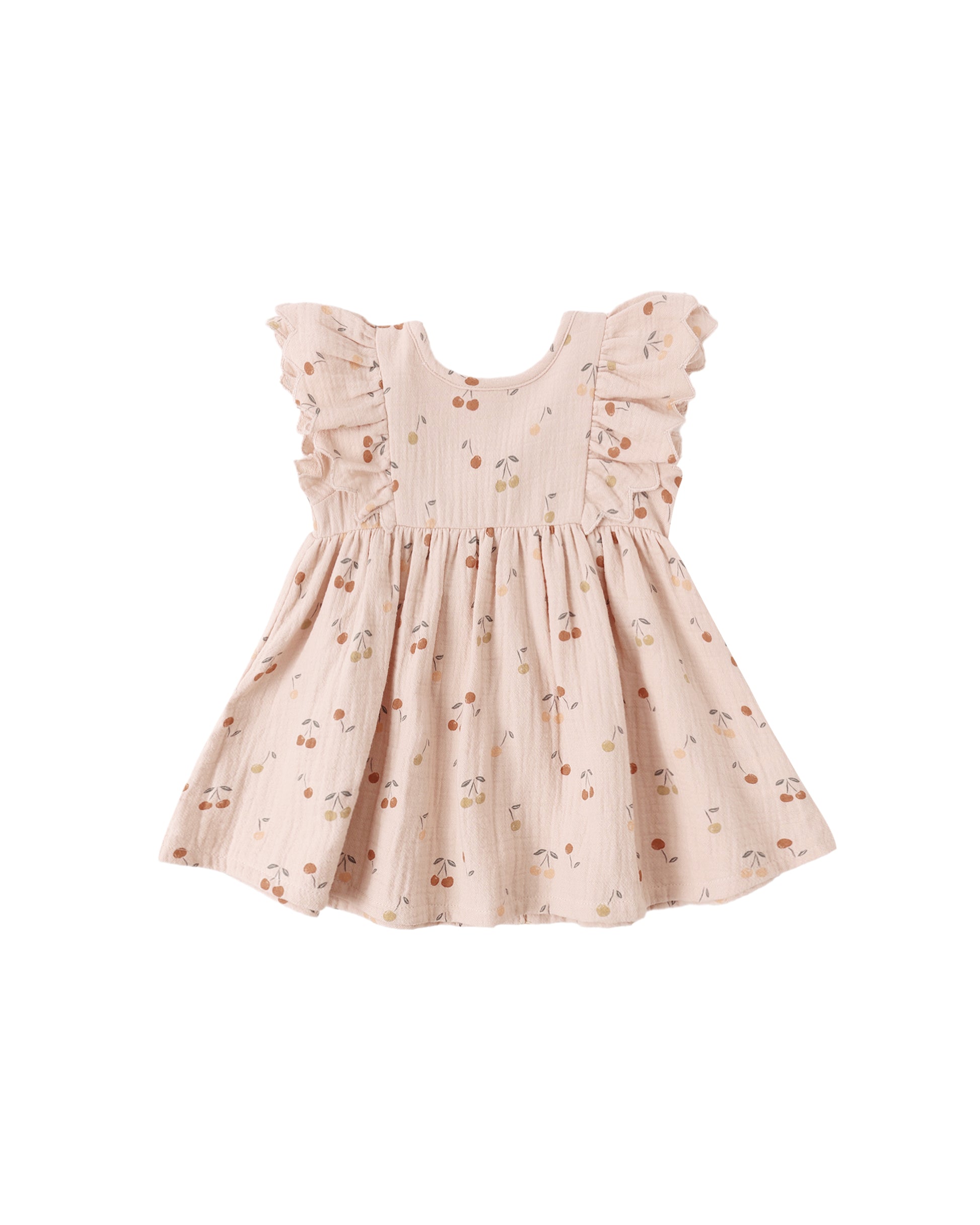 Quincy Mae Cherries Alina Dress in blush fabric, featuring a soft, flowy design with cherry print details.
