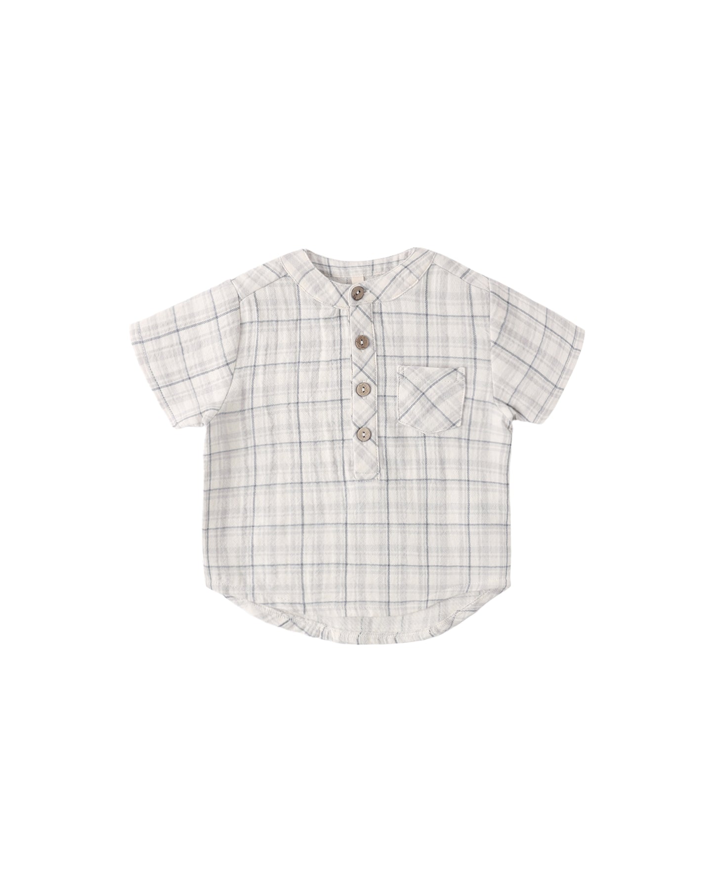 Blue plaid Jaxson shirt by Quincy Mae, featuring a classic pattern and button-up style, displayed on a neutral background.