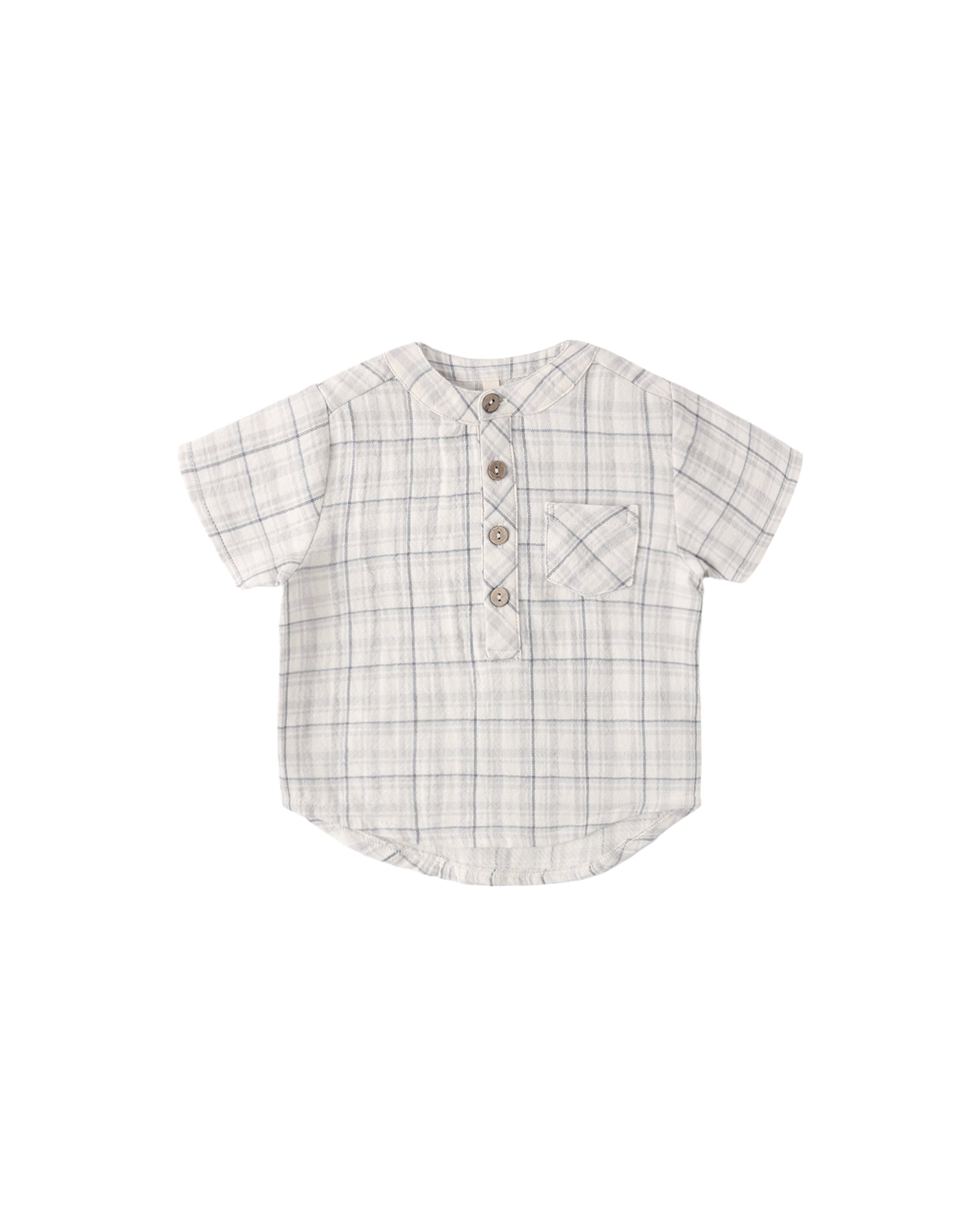 Blue plaid Jaxson shirt by Quincy Mae, featuring a classic pattern and button-up style, displayed on a neutral background.