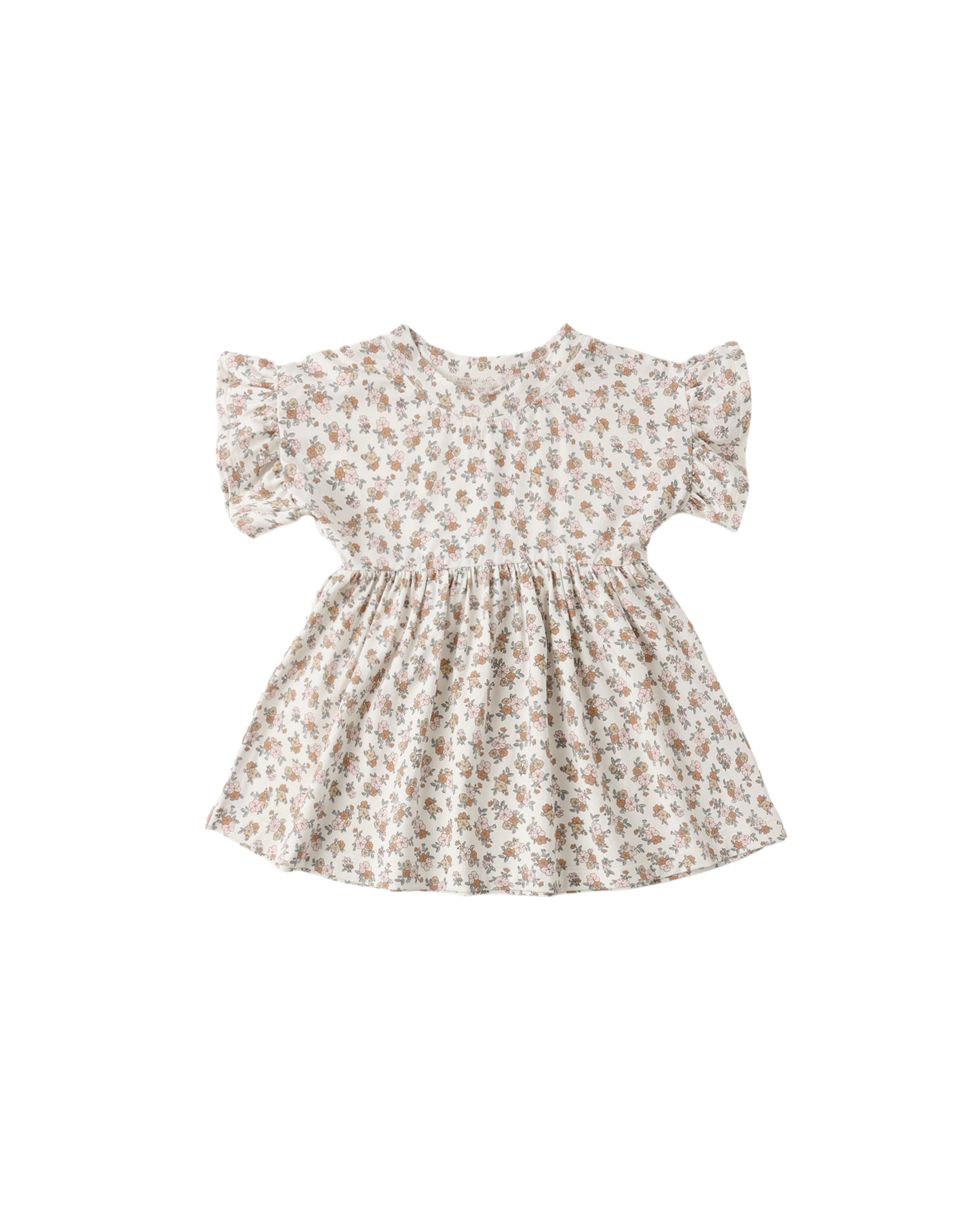Wildflower Bamboo Babydoll Dress by Quincy Mae, ivory-colored lightweight dress with floral pattern, flowing and comfortable fit.
