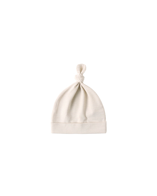Oat micro stripe knotted baby hat by Quincy Mae featuring soft fabric and a cute knot design for infants.
