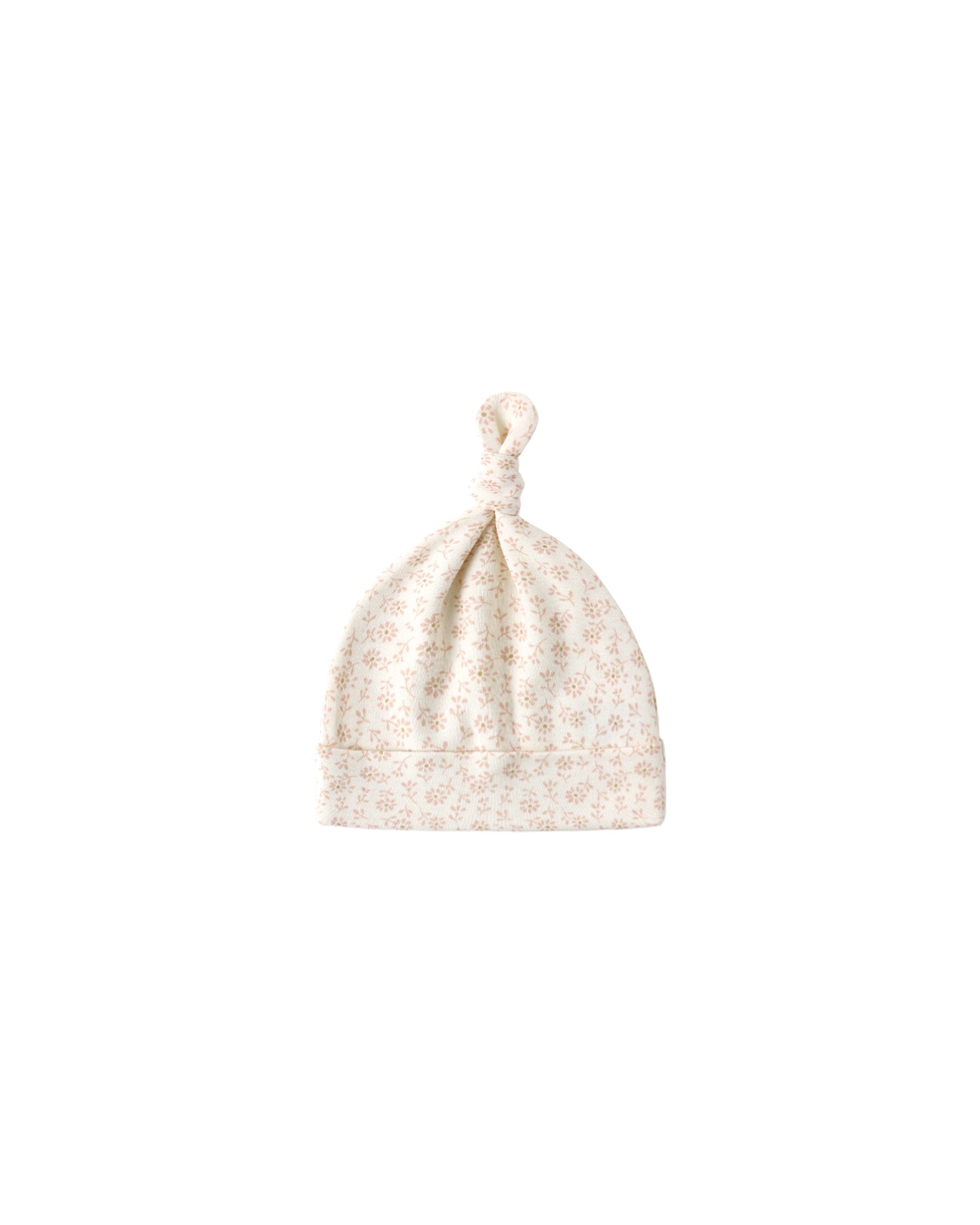 Ivory Ditsy Knotted Baby Hat by Quincy Mae, soft fabric with delicate floral pattern and knotted design for infants.