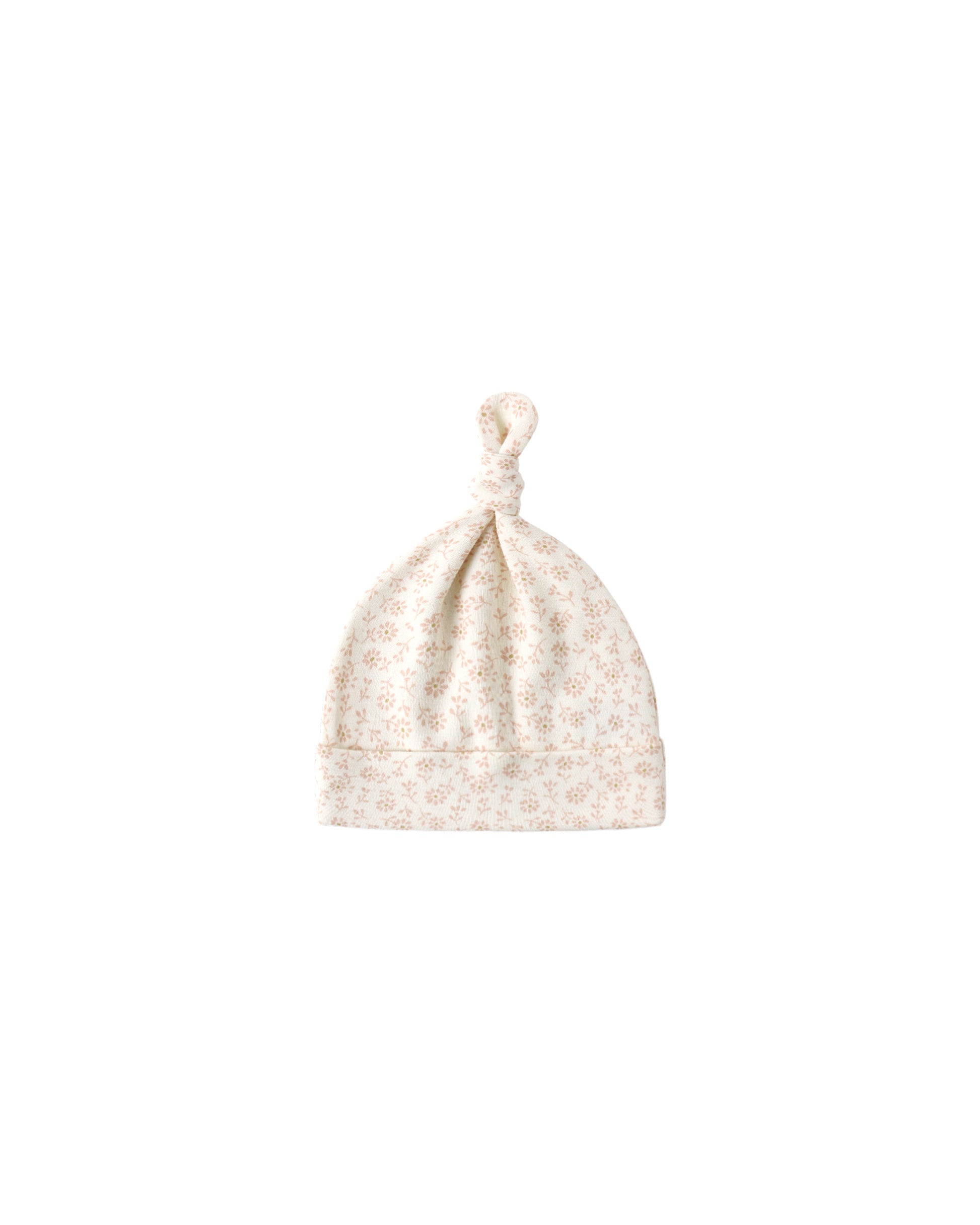 Ivory Ditsy Knotted Baby Hat by Quincy Mae, soft fabric with delicate floral pattern and knotted design for infants.
