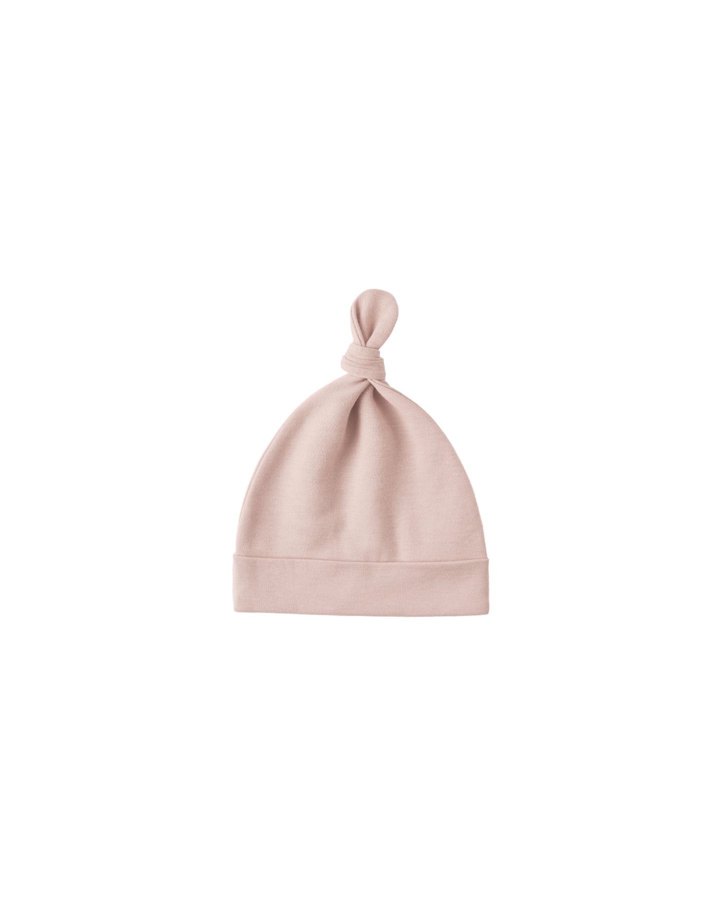 Soft blush-colored knotted baby hat by Quincy Mae, made for newborns and infants, featuring a cozy, stretchy fabric.