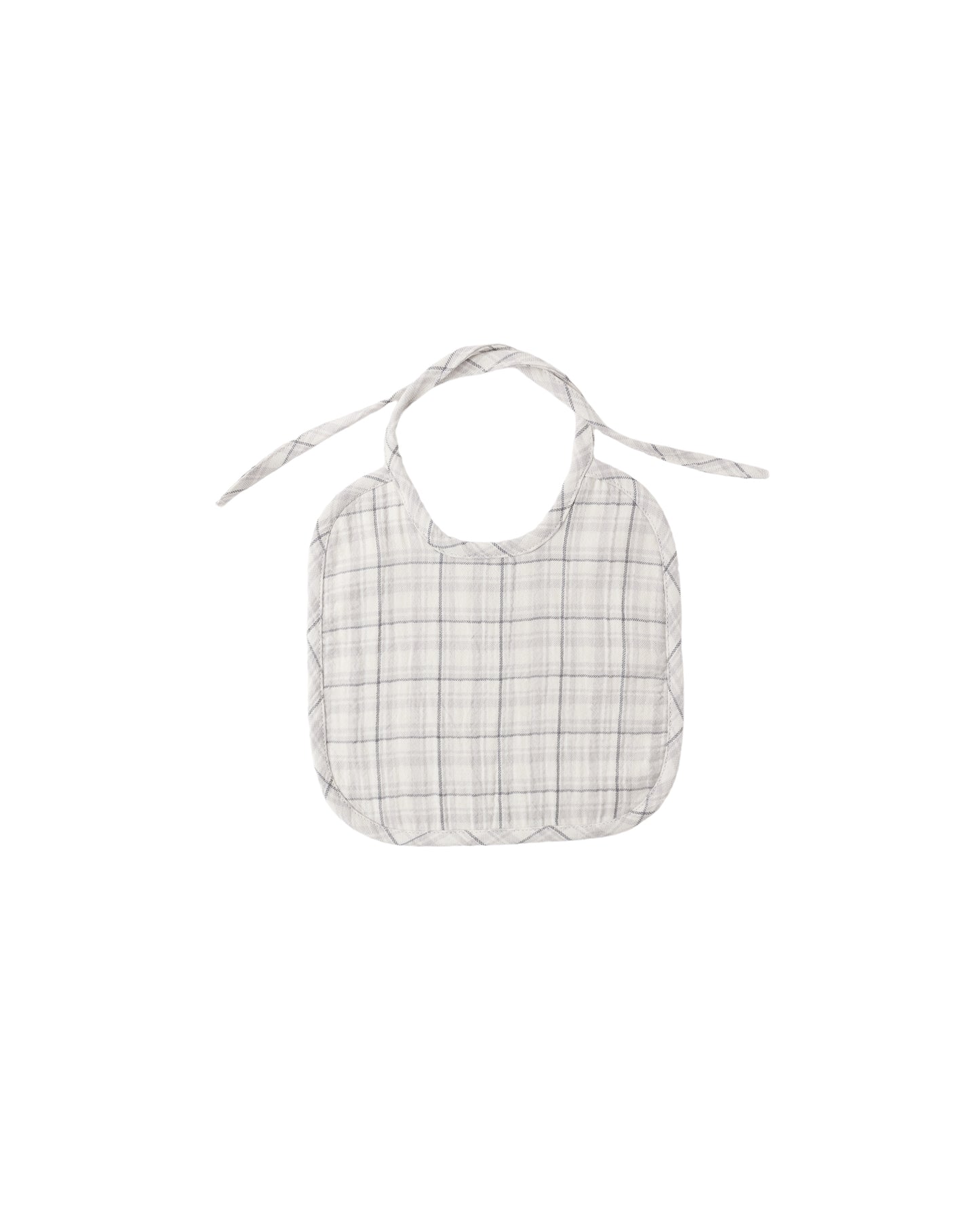 Blue plaid woven tie bib for babies by Quincy Mae, featuring soft fabric and adjustable neck closure.
