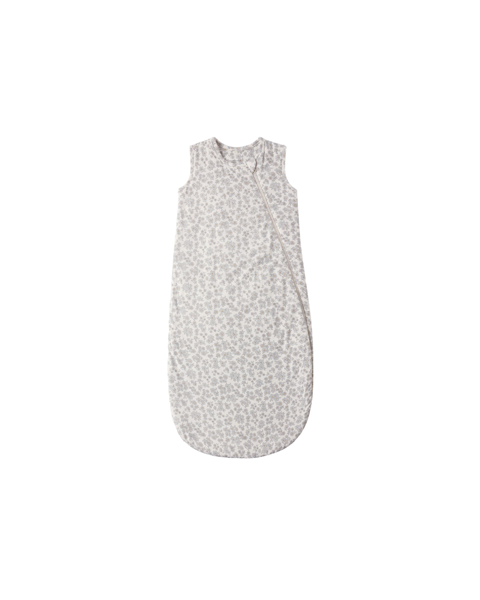 Blue floral bamboo sleep bag by Quincy Mae, featuring a soft fabric with a floral pattern and cozy design for infants.