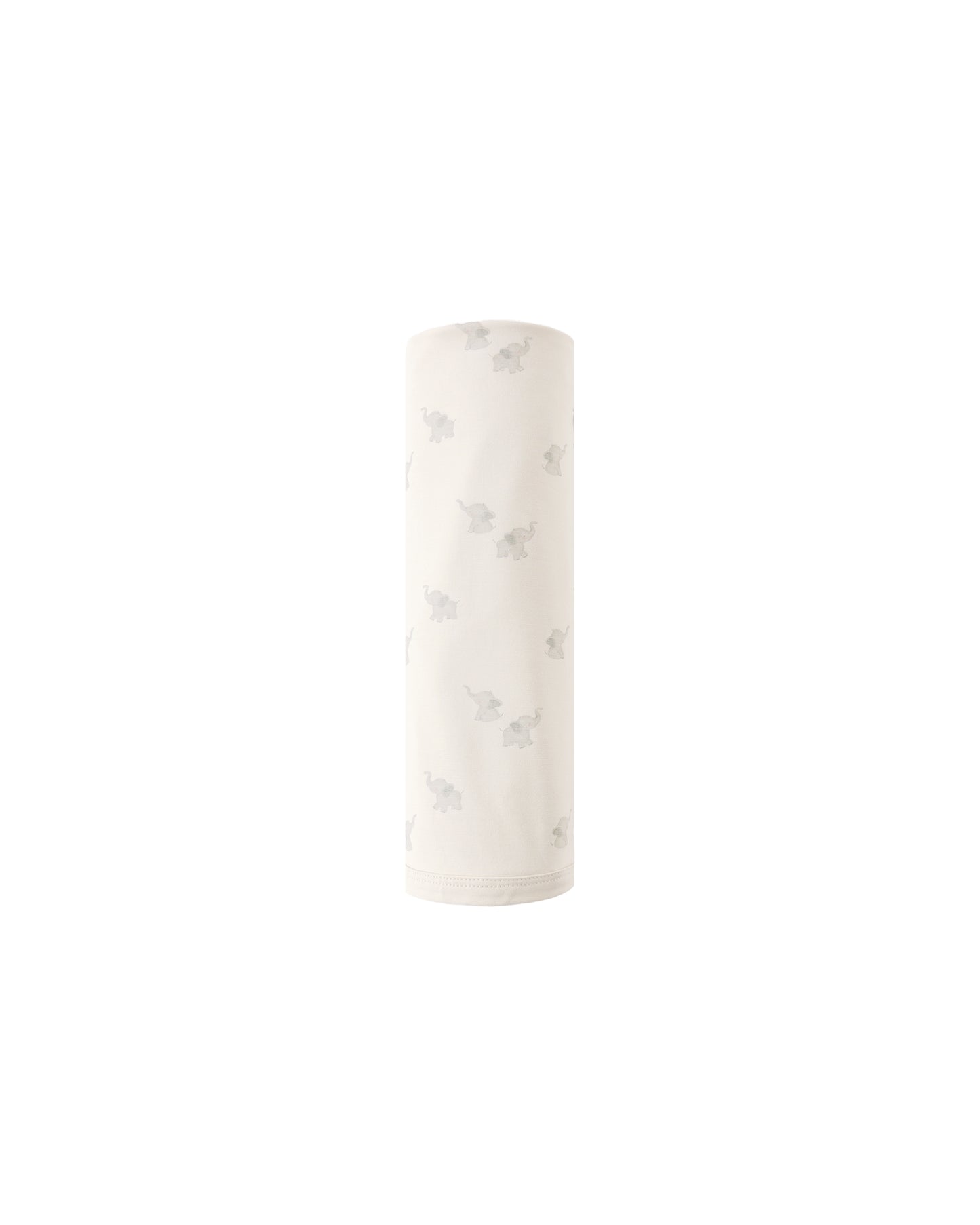 Natural bamboo swaddle with elephant print by Quincy Mae, shown folded with soft fabric and detailed elephant design.