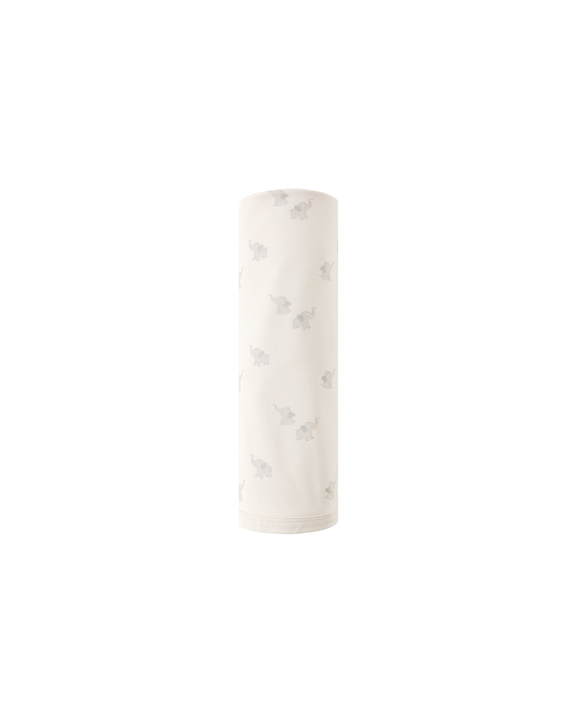 Natural bamboo swaddle with elephant print by Quincy Mae, shown folded with soft fabric and detailed elephant design.