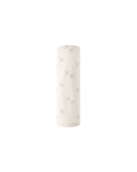 Natural bamboo swaddle with elephant print by Quincy Mae, shown folded with soft fabric and detailed elephant design.