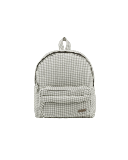 Sage Gingham Mini Backpack by Quincy Mae, featuring a small, stylish fabric design with adjustable straps and top handle.