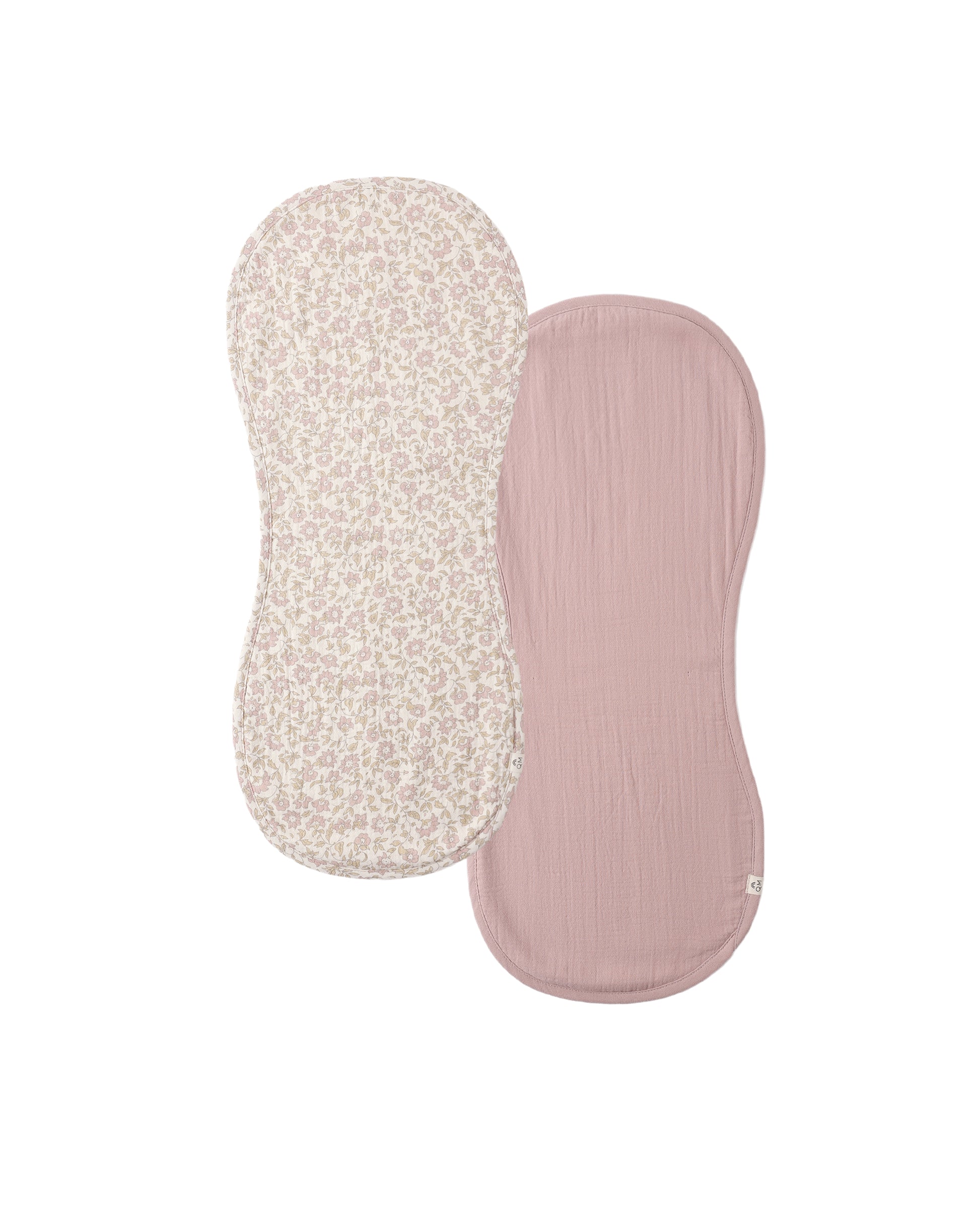Natural mauve and dahlia patterned Quincy Mae burp cloths in a 2-pack, soft organic cotton for babies.