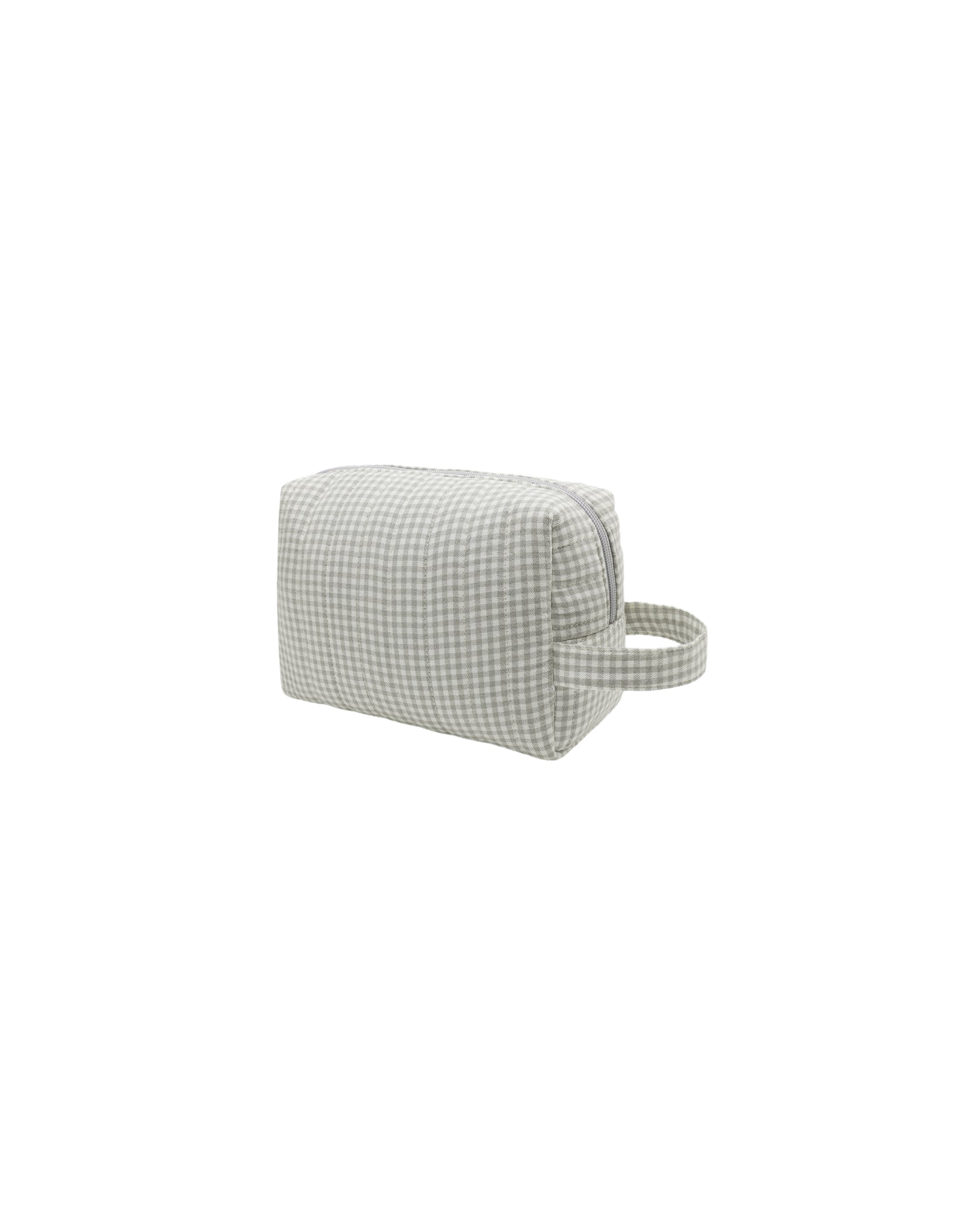 Sage gingham toiletry bag by Quincy Mae with zipper closure, showcasing compact storage for travel essentials.