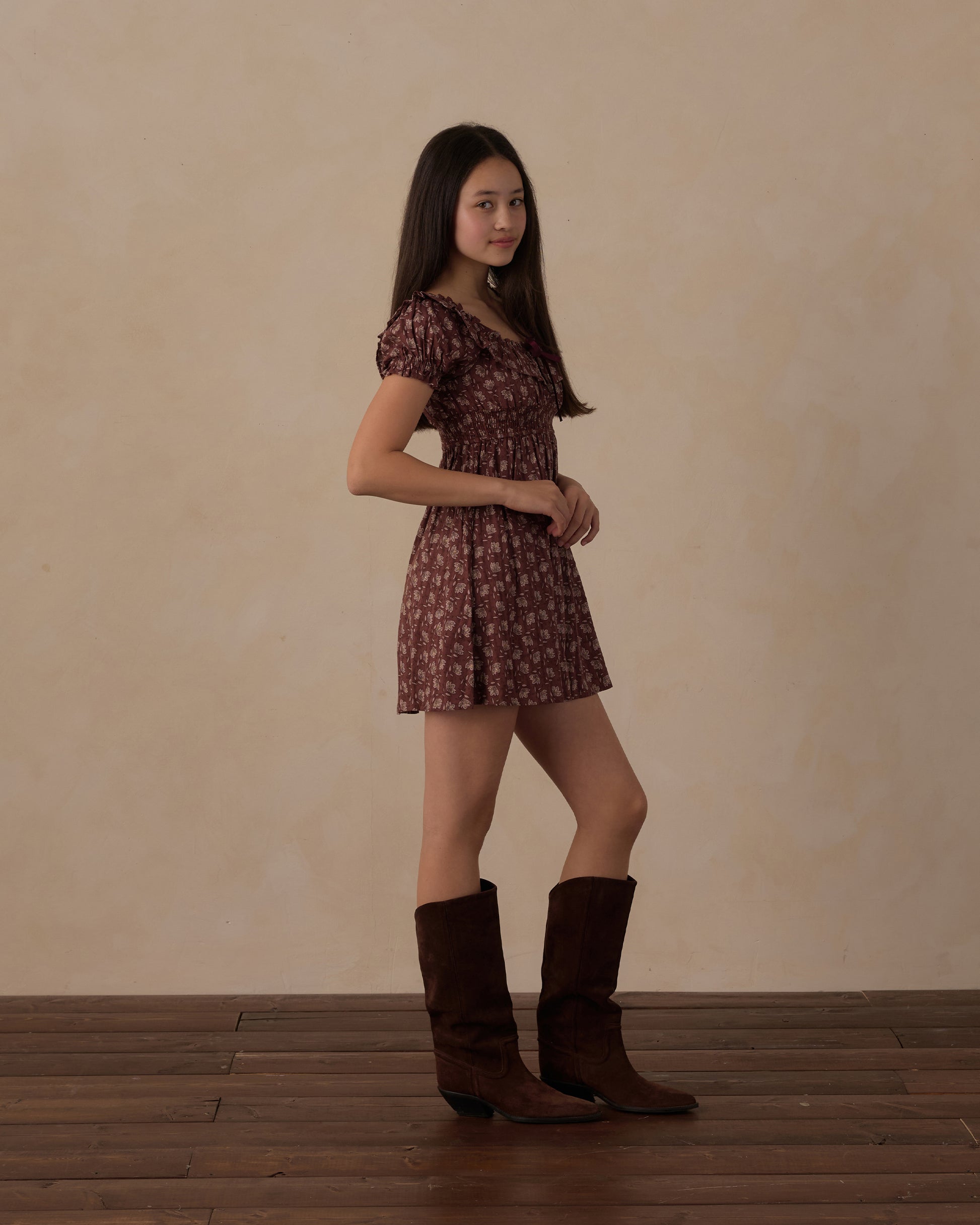 Teen Mulberry Iris Dillon Dress by Rylee & Cru, featuring a floral pattern and lightweight fabric, displayed on a hanger.