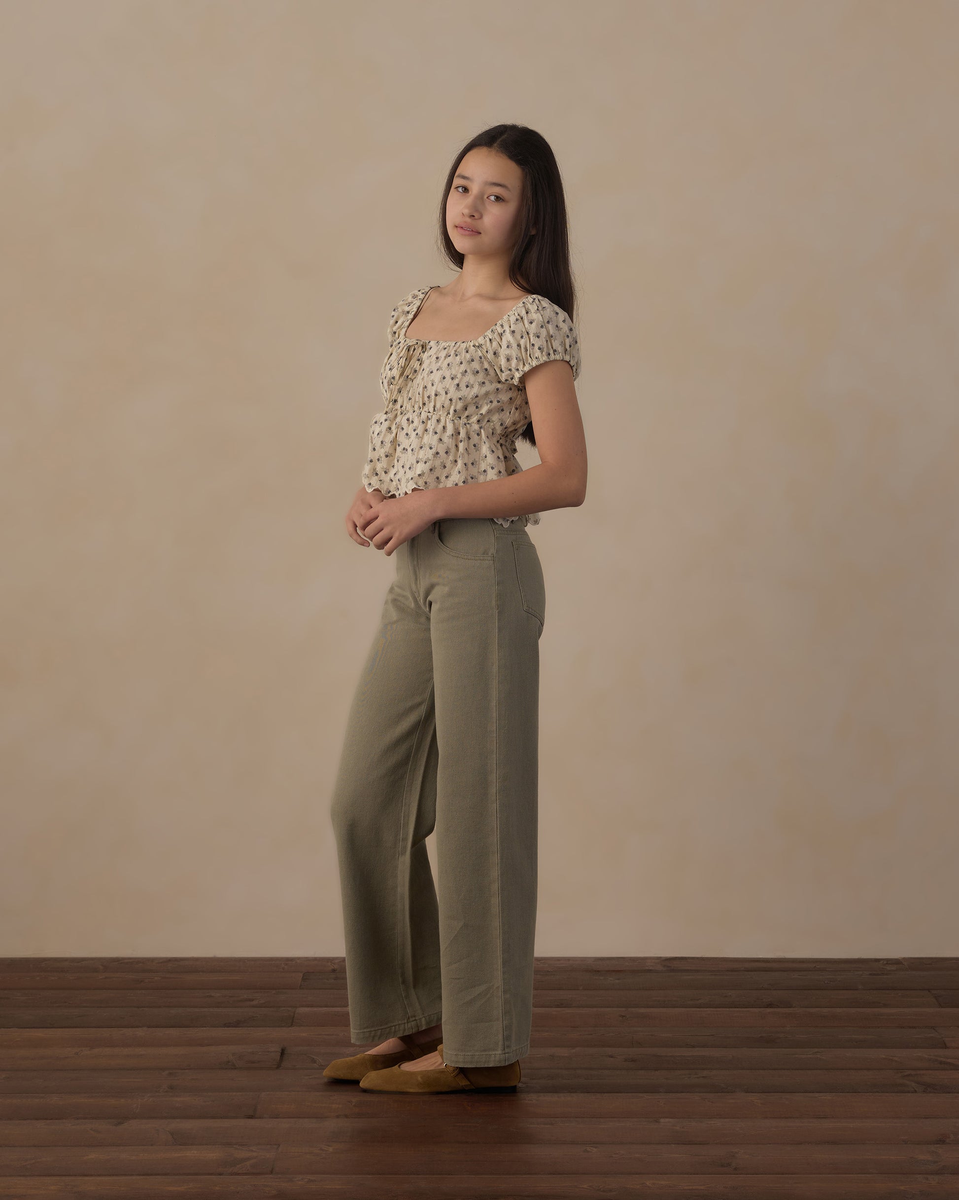 Teen dark sage baggy wide-leg denim jeans by Rylee & Cru, shown in a relaxed fit with visible stitching and pocket details.