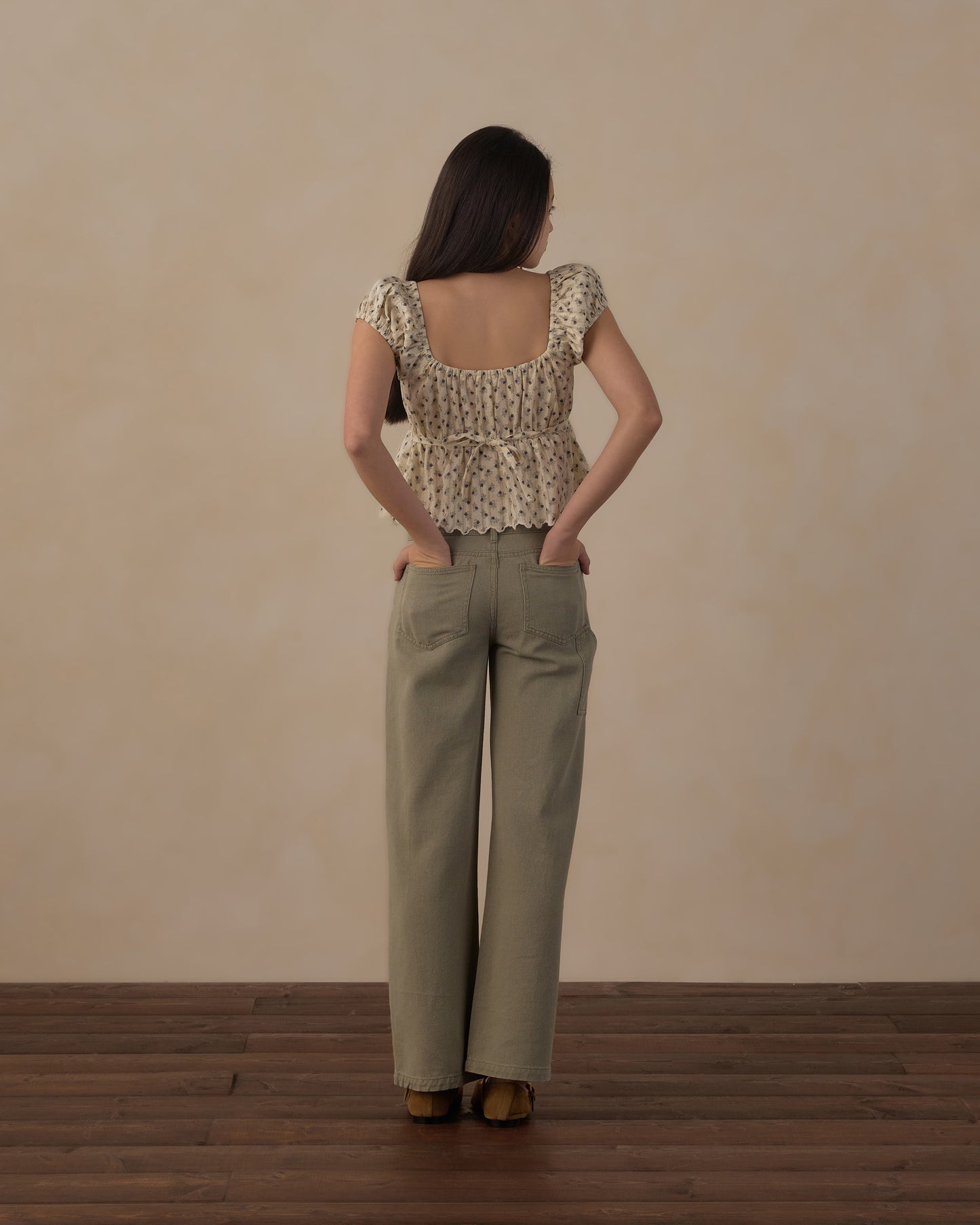 Teen dark sage baggy wide-leg denim jeans by Rylee & Cru, featuring a relaxed fit and trendy style.