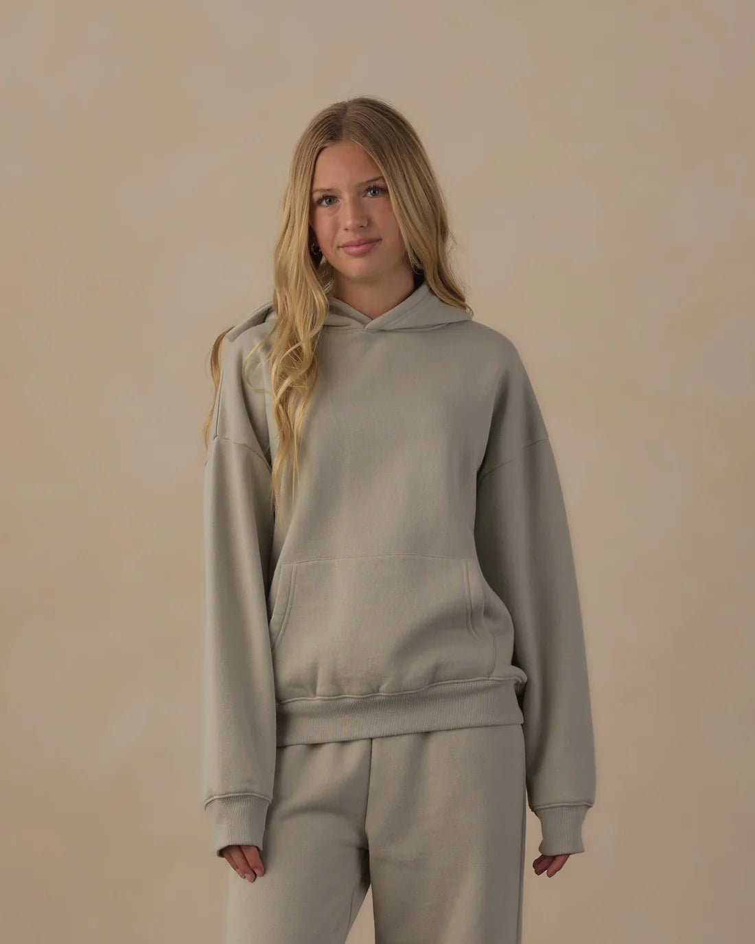 Teen Sage Relaxed Hoodie by Rylee & Cru featuring a comfortable fit, soft sage green fabric, and casual style.