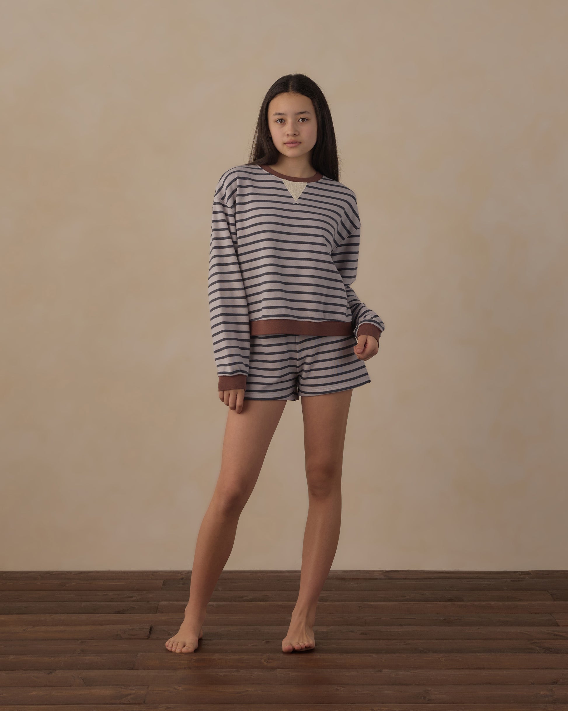 Teen Midnight Stripe Oversized Crew Sweatshirt by Rylee & Cru, featuring navy and white horizontal stripes, soft fabric, and relaxed fit.
