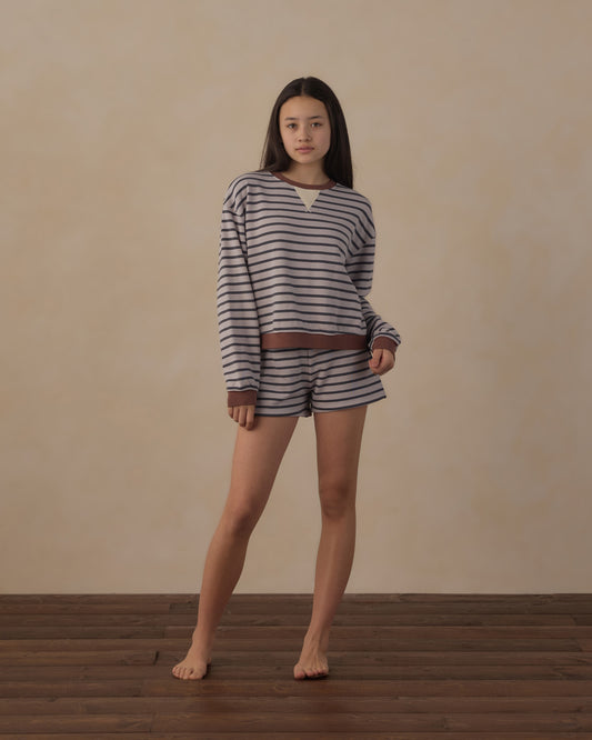 Teen Midnight Stripe Oversized Crew Sweatshirt by Rylee & Cru, featuring navy and white horizontal stripes, soft fabric, and relaxed fit.