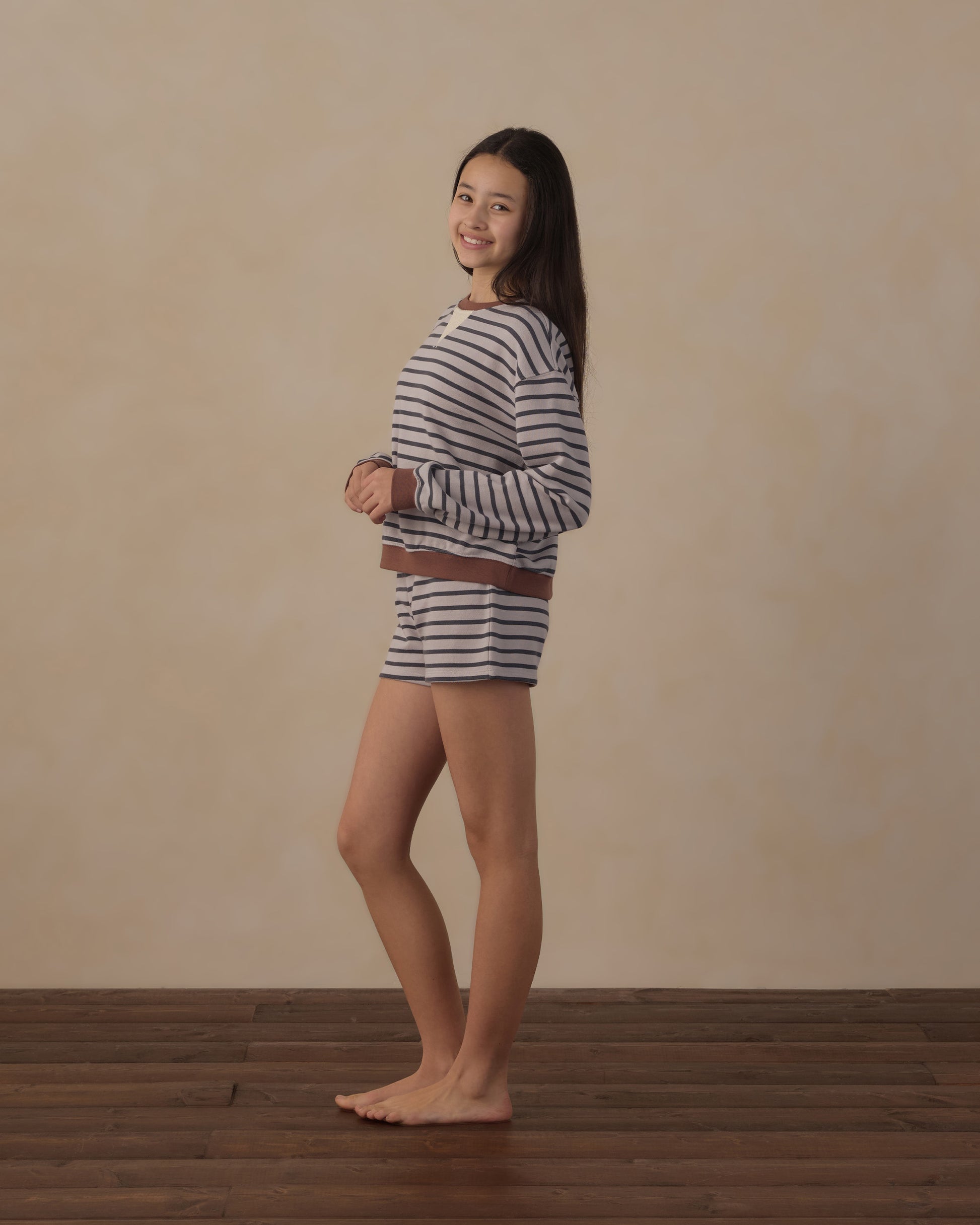 Teen Midnight Stripe Oversized Crew Sweatshirt by Rylee & Cru, showing a cozy, oversized navy and white striped sweatshirt with a crew neckline.