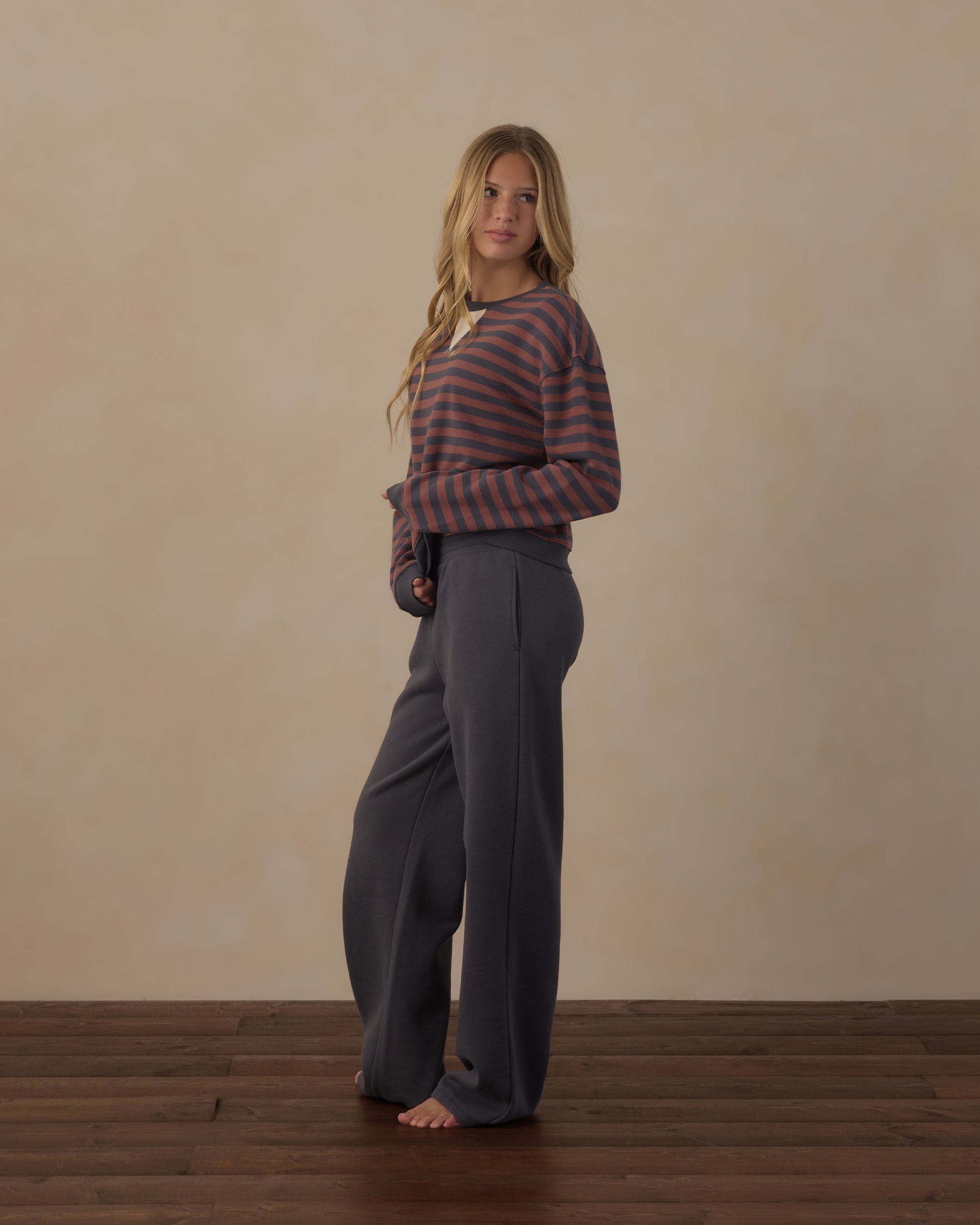 Teen Rylee & Cru Mulberry Stripe oversized crew sweatshirt with bold horizontal stripes and a relaxed fit.