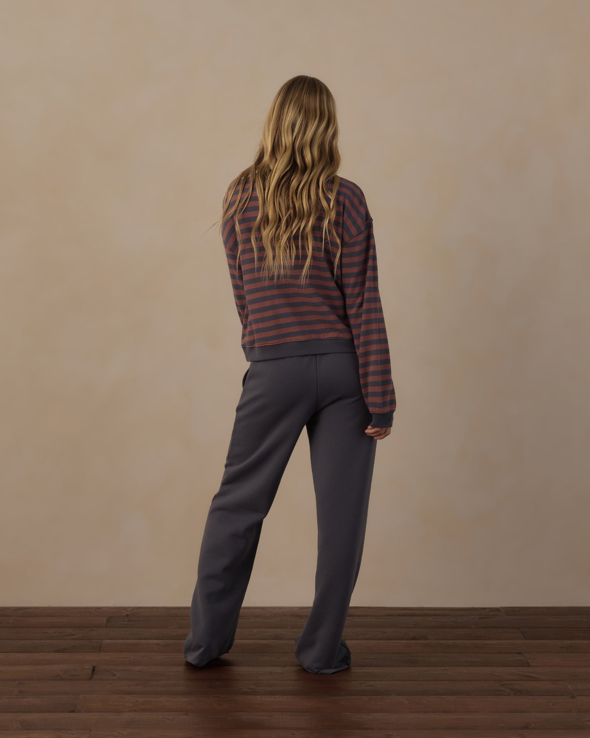 Teen oversized crew sweatshirt with white and multicolor Mulberry stripe by Rylee & Cru, shown laid flat.