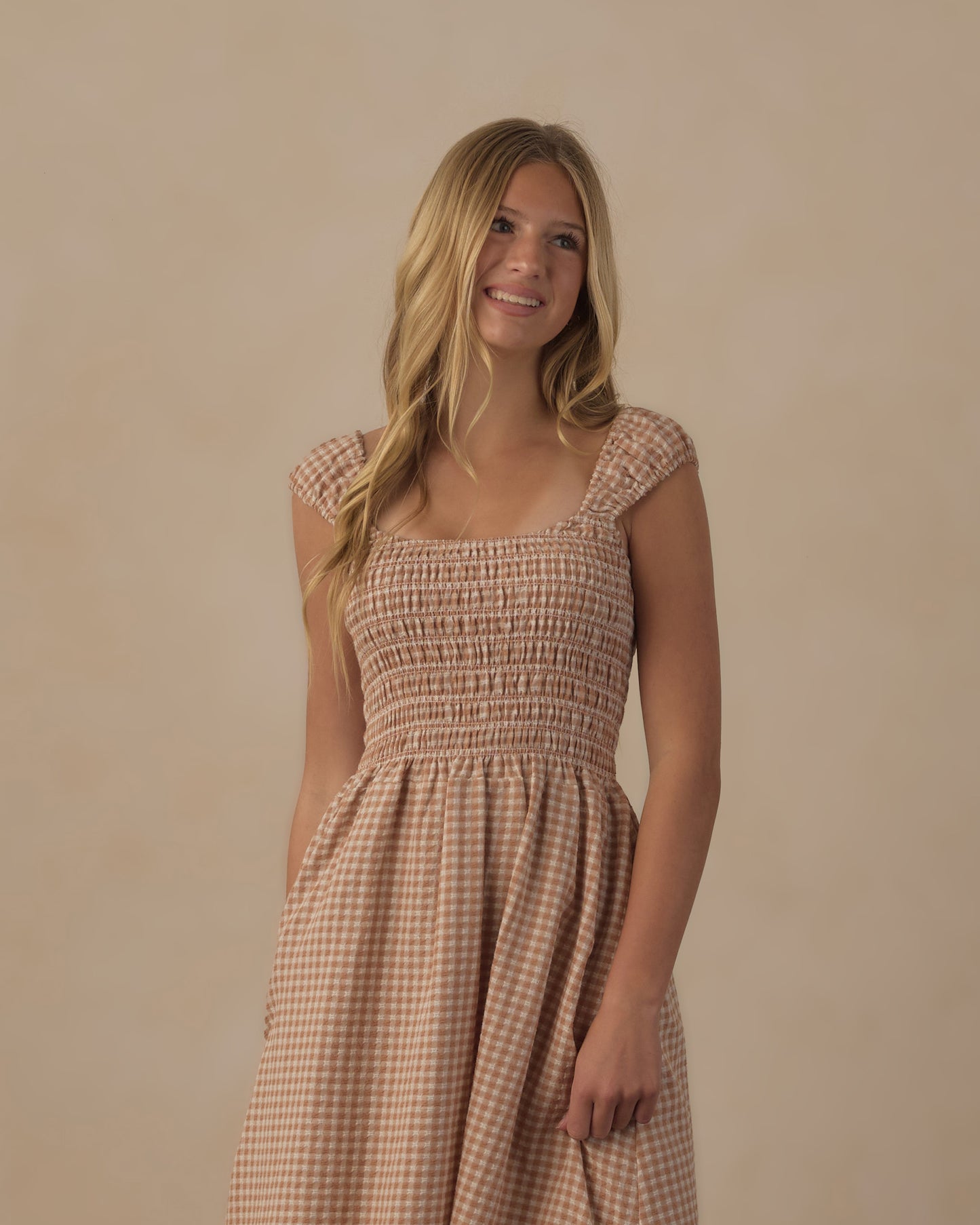 Teen Fawn Gingham Jess Dress by Rylee & Cru featuring a classic gingham pattern and a casual, comfortable fit for teens.